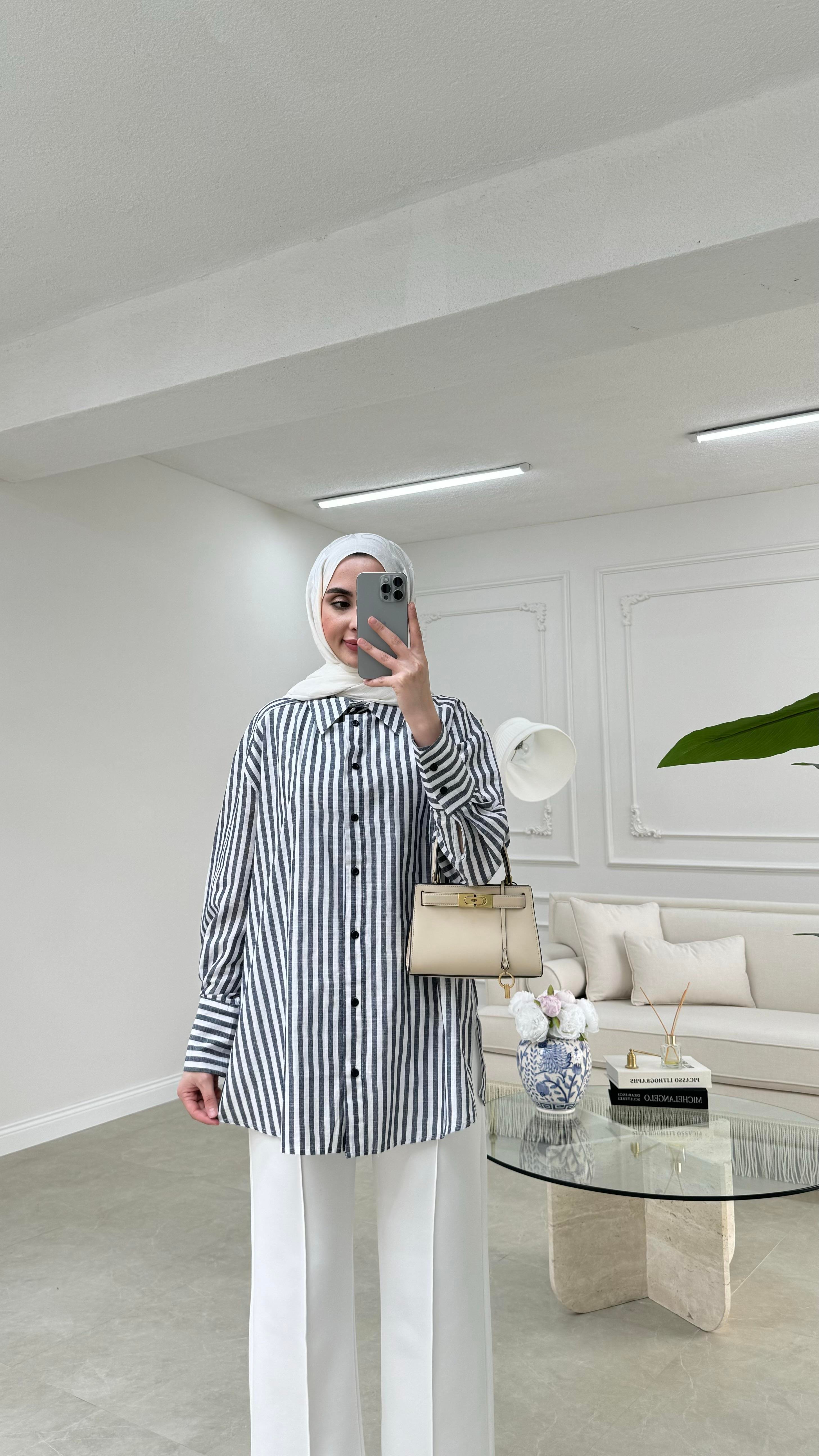 Çizgili Keten Gömlek Lacivert