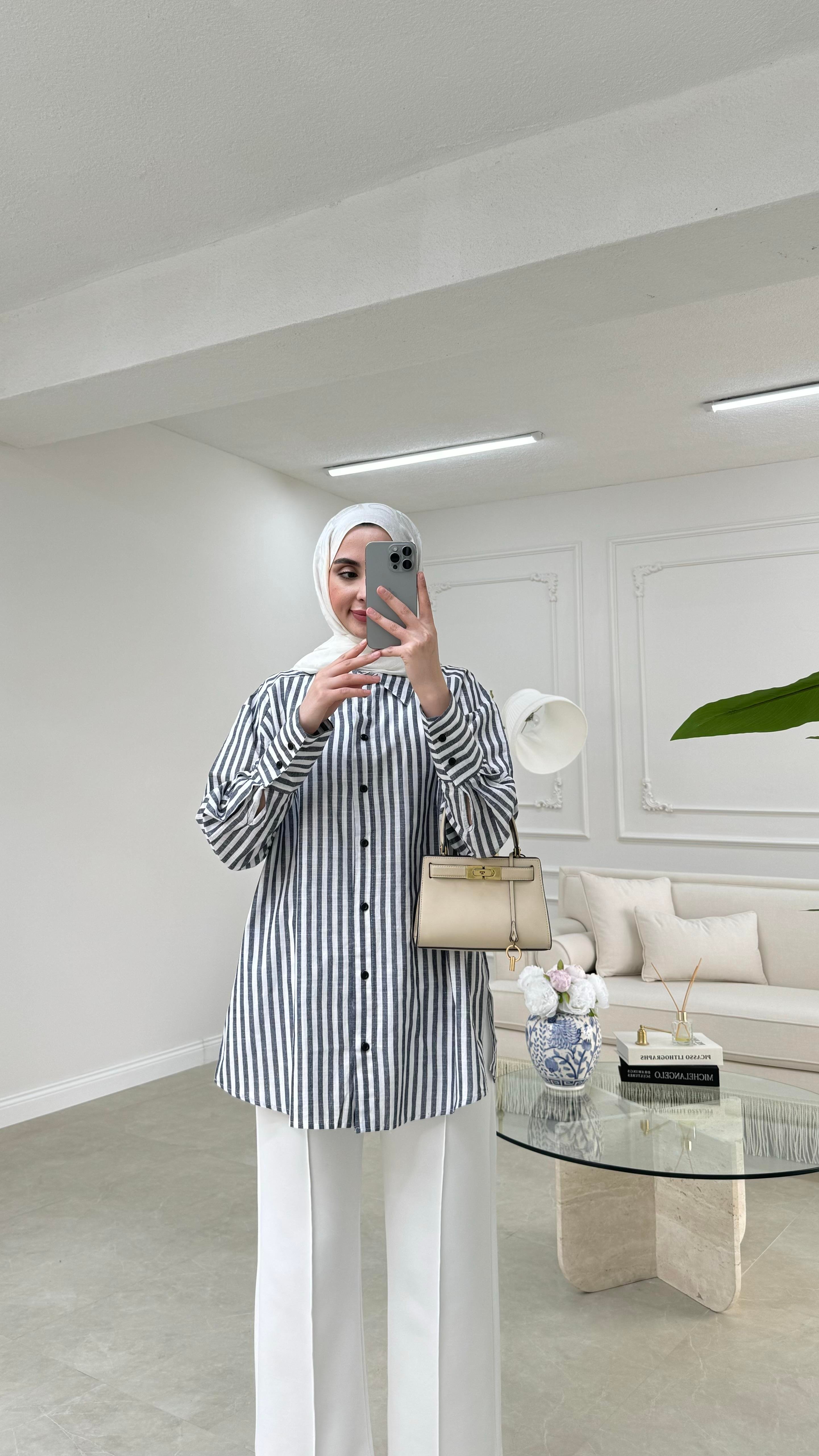 Çizgili Keten Gömlek Lacivert