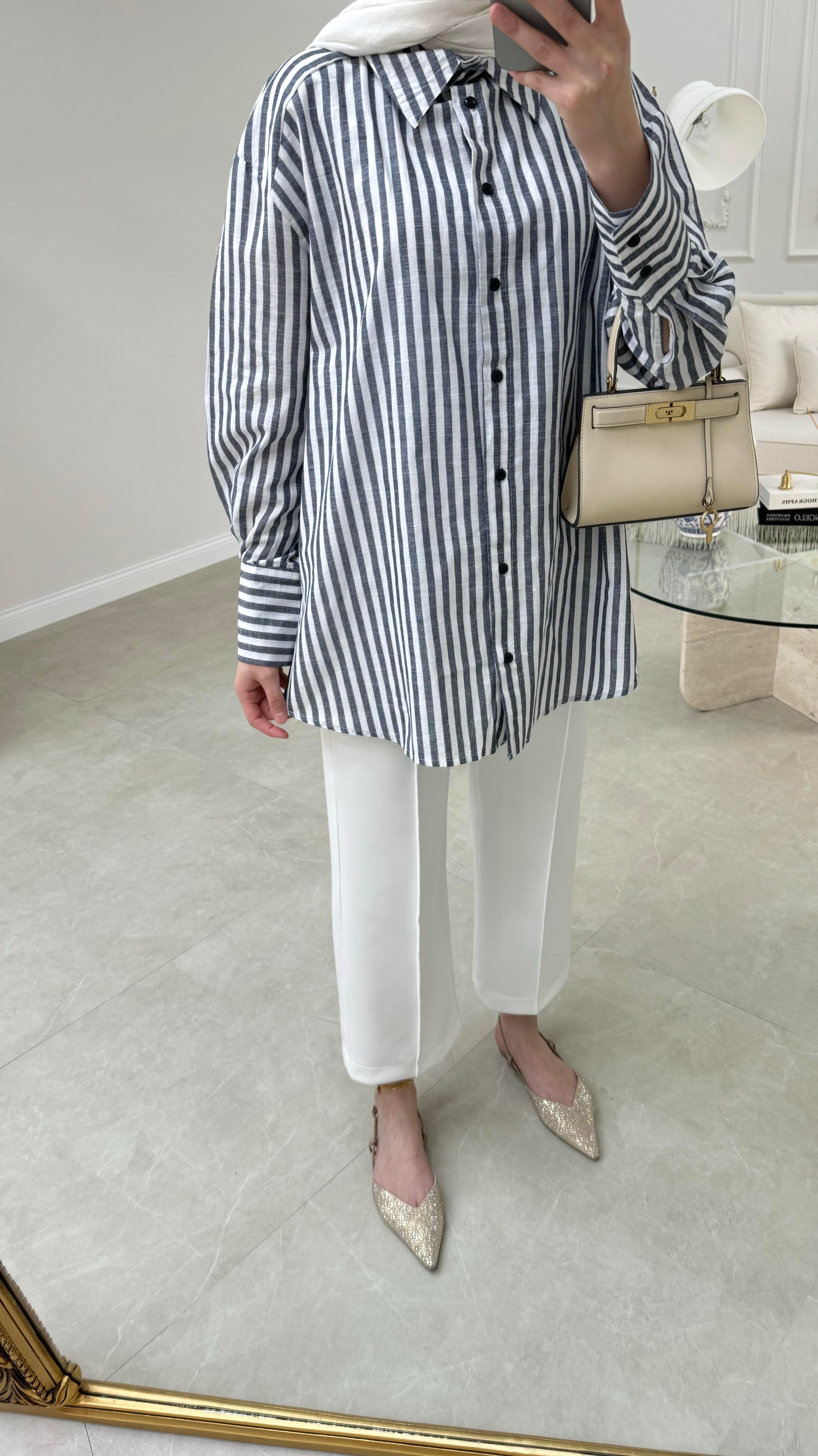 Çizgili Keten Gömlek Lacivert