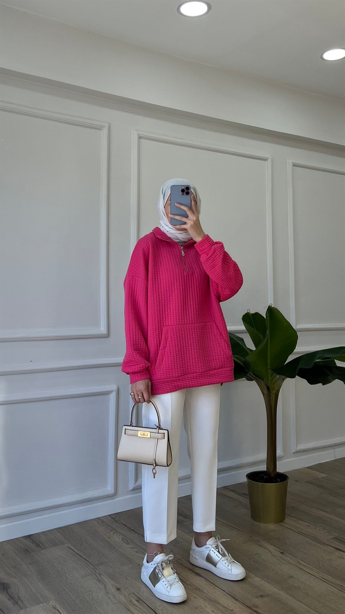 Fermuar Detaylı Sweatshirt - Pembe 
