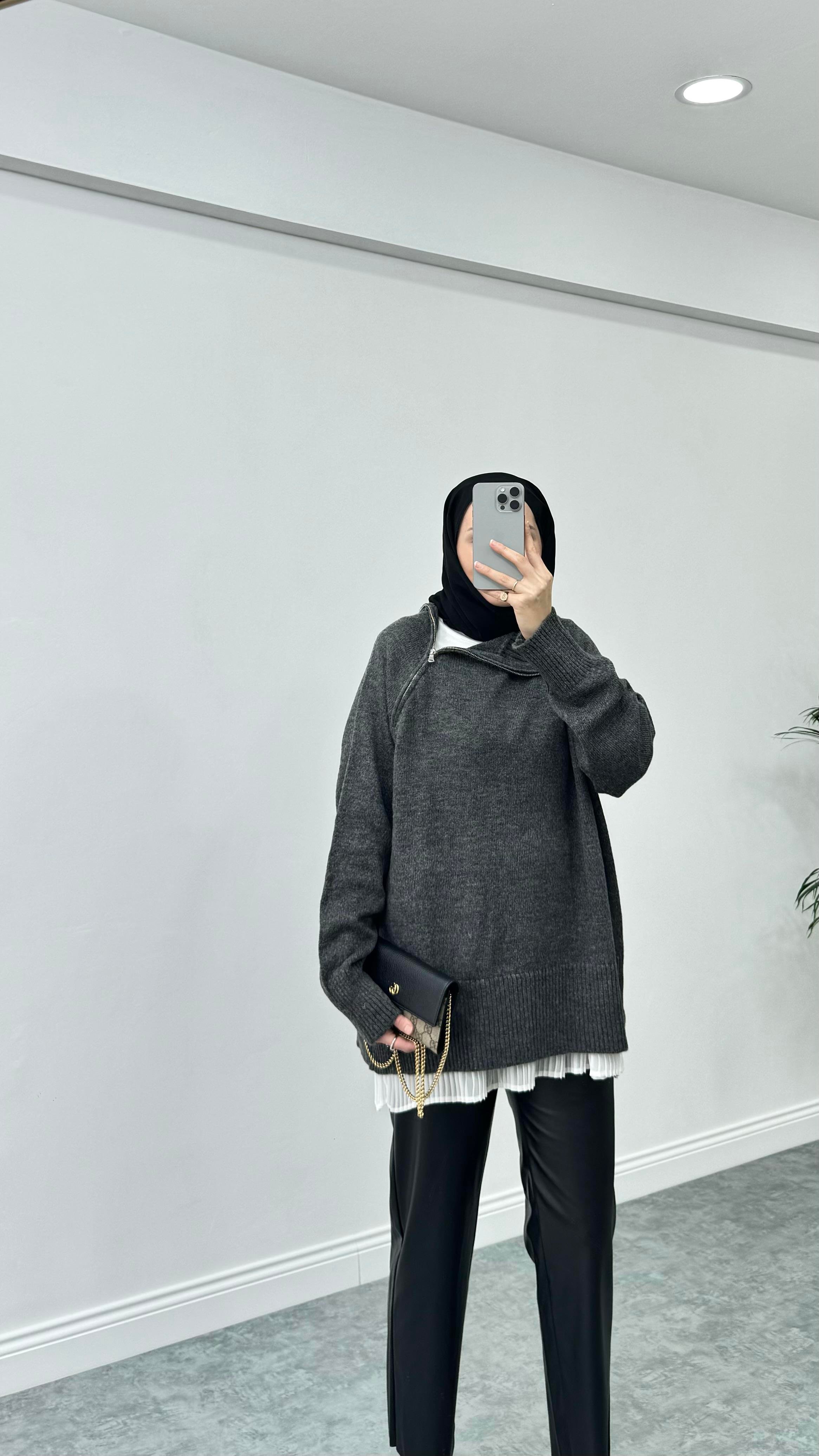 Fermuar Detaylı Triko Antrasit