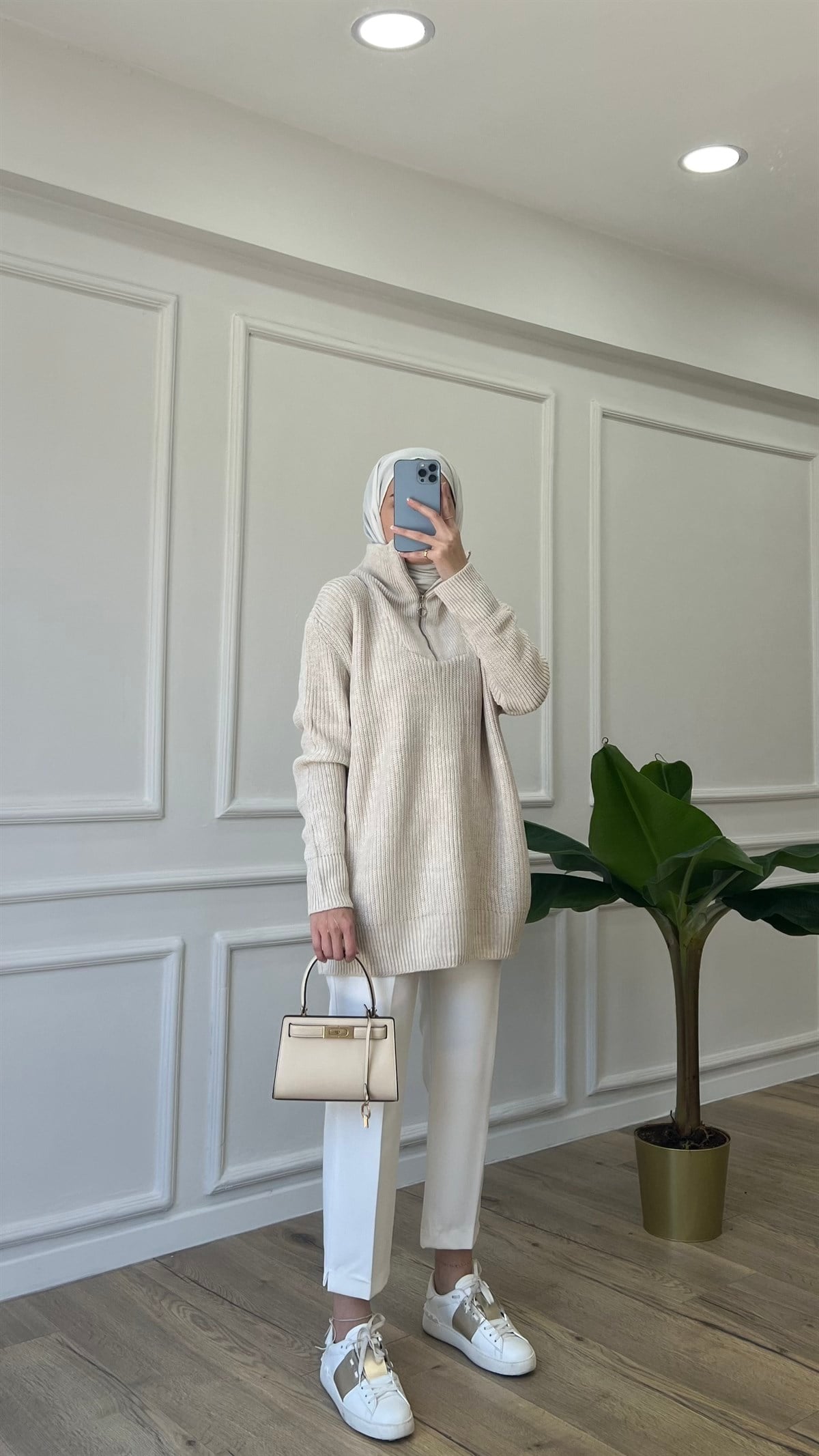 Fermuar Detaylı Triko - Bej