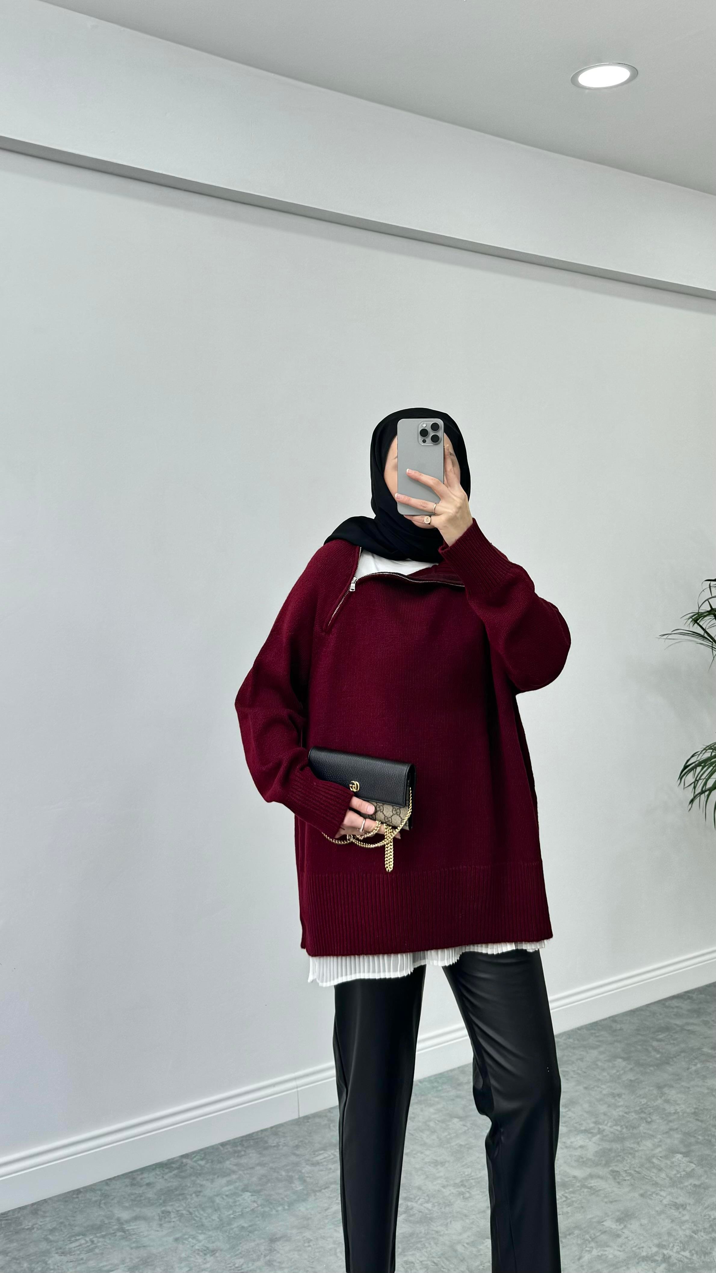 Fermuar Detaylı Triko Bordo