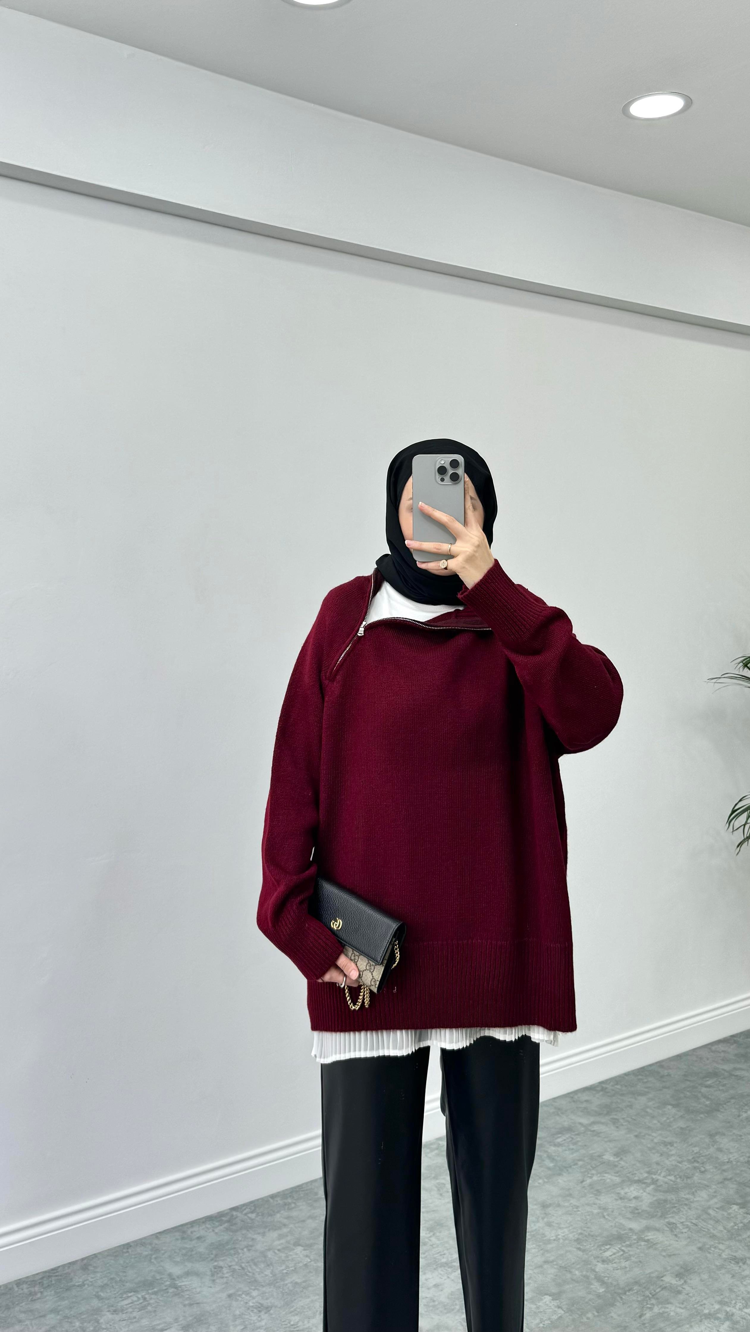 Fermuar Detaylı Triko Bordo