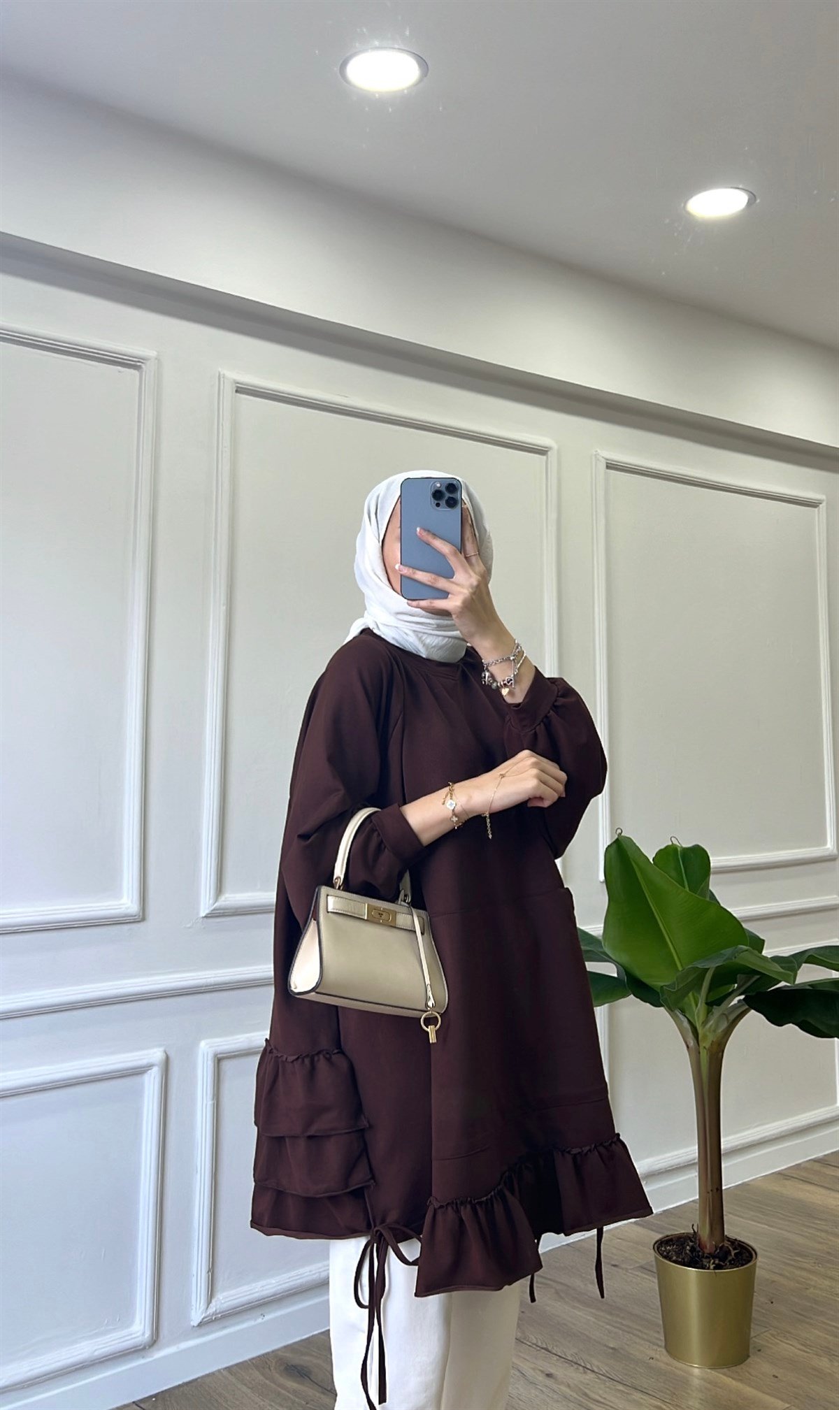 Fırfır Detaylı Sweatshirt - Acı Kahve