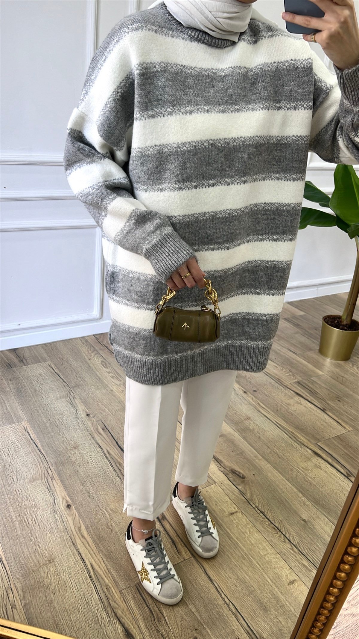 Gri Soft Çizgili Kazak