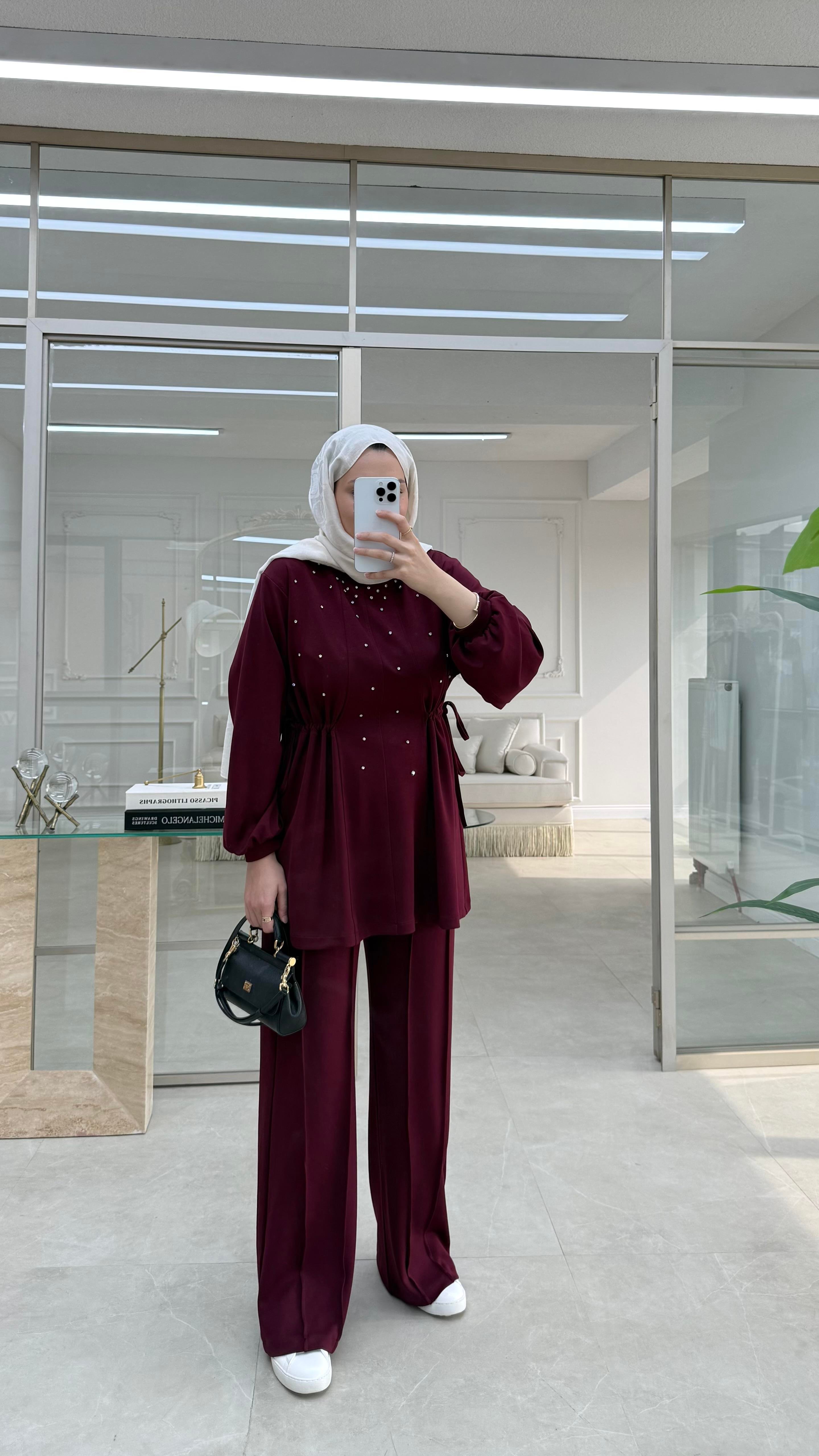 İkili Taşlı Takım Bordo