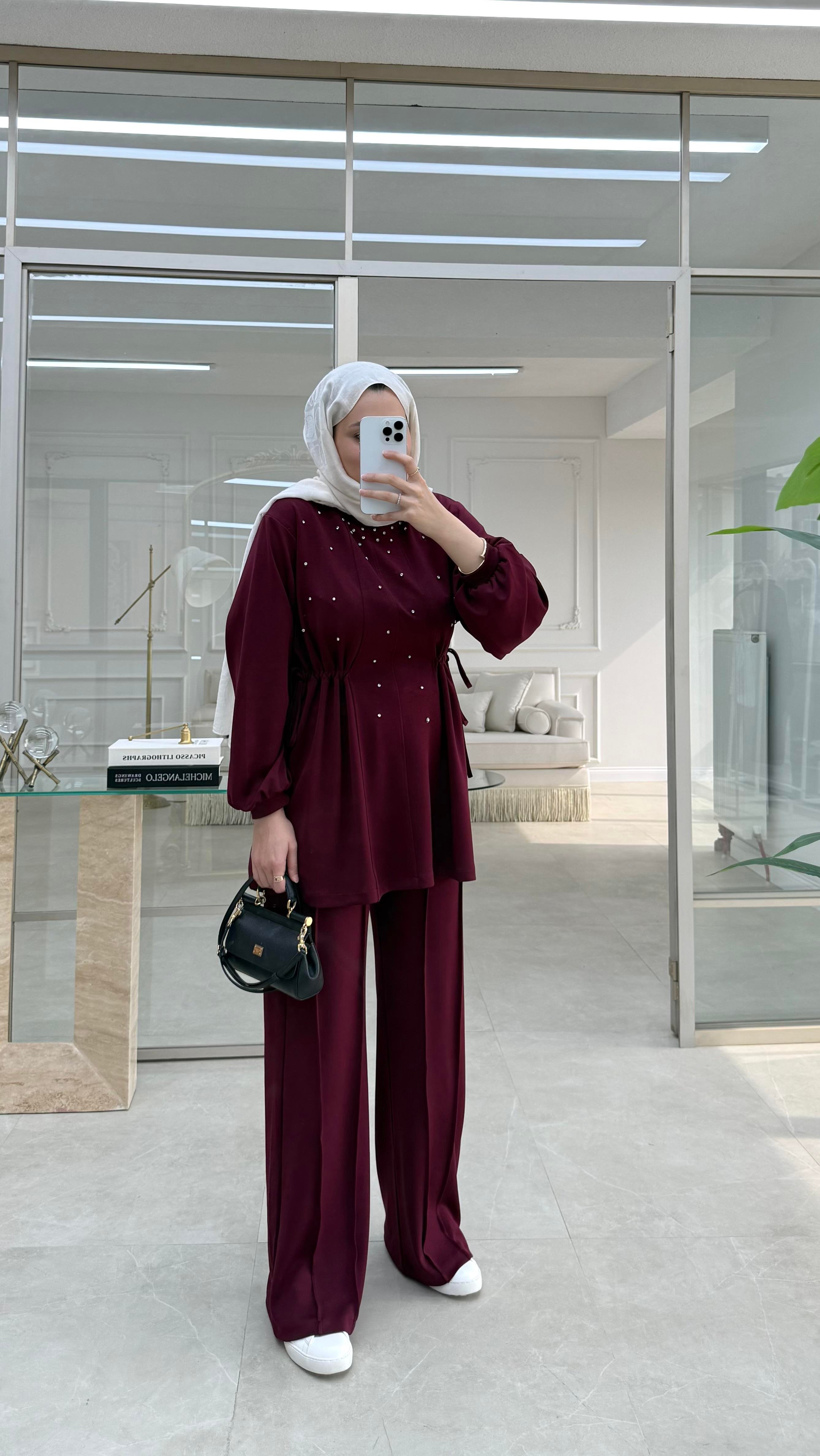 İkili Taşlı Takım Bordo