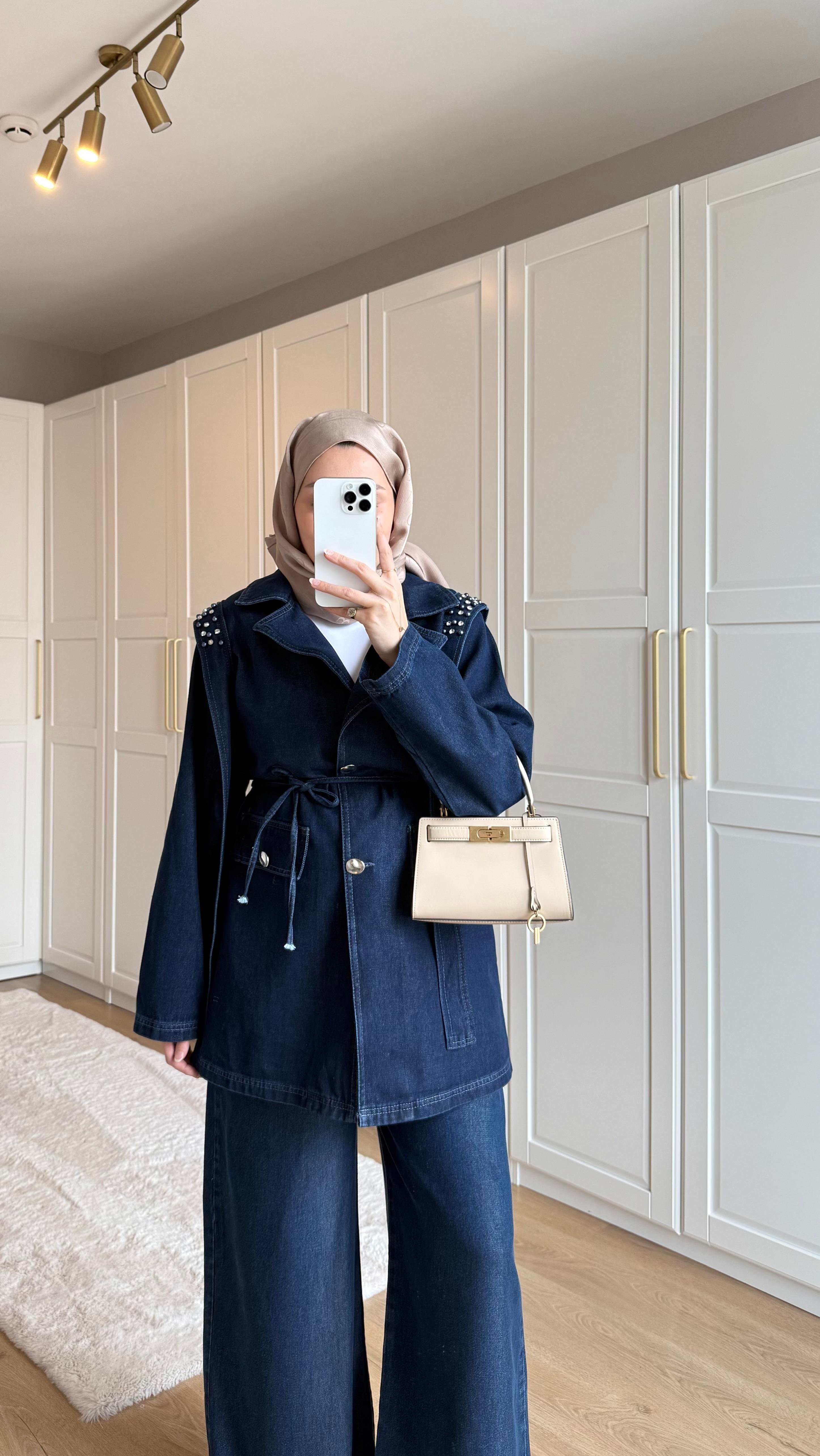 İncili Denim Ceket Mavi 