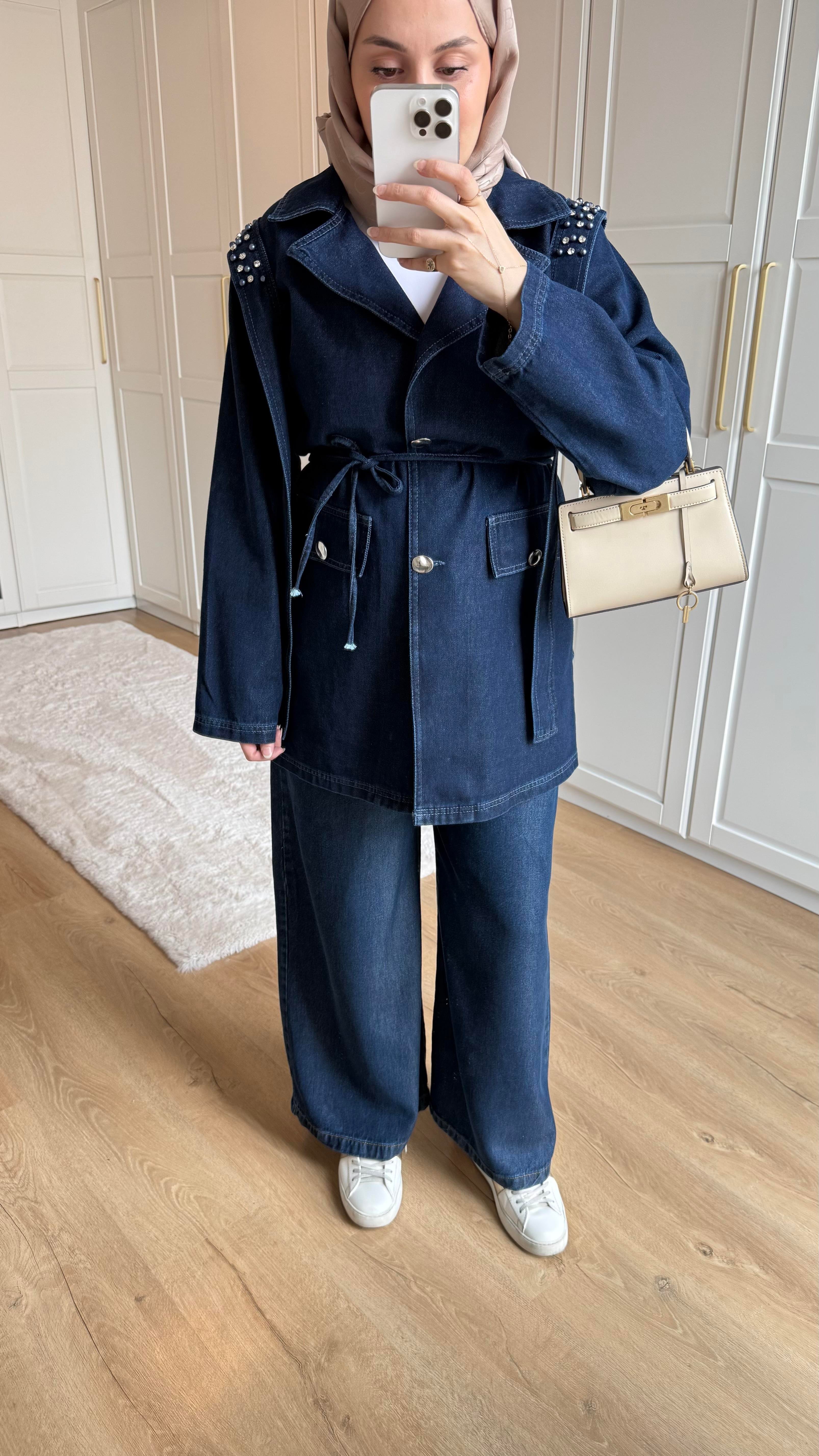 İncili Denim Ceket Mavi 