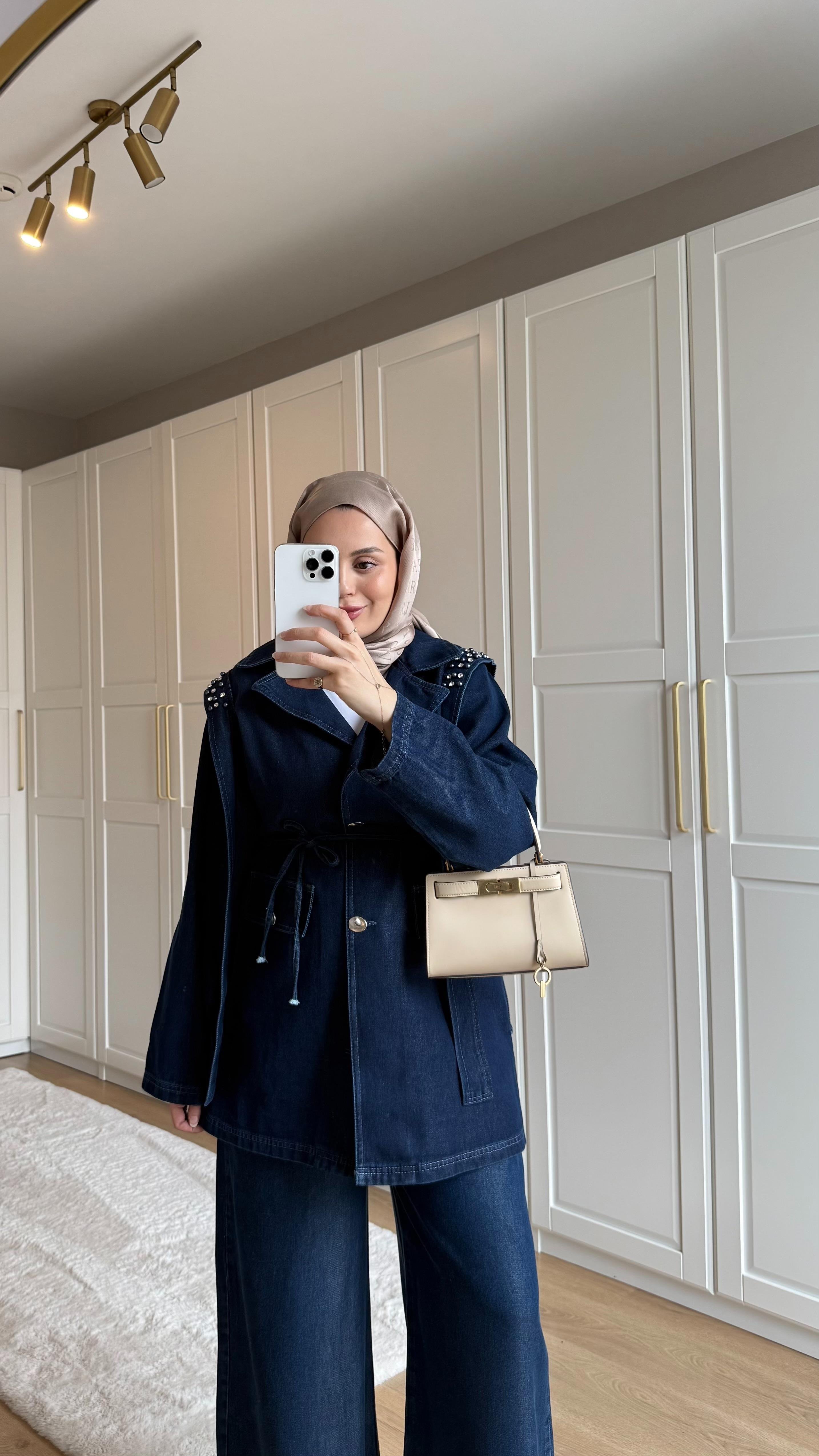 İncili Denim Ceket Mavi 