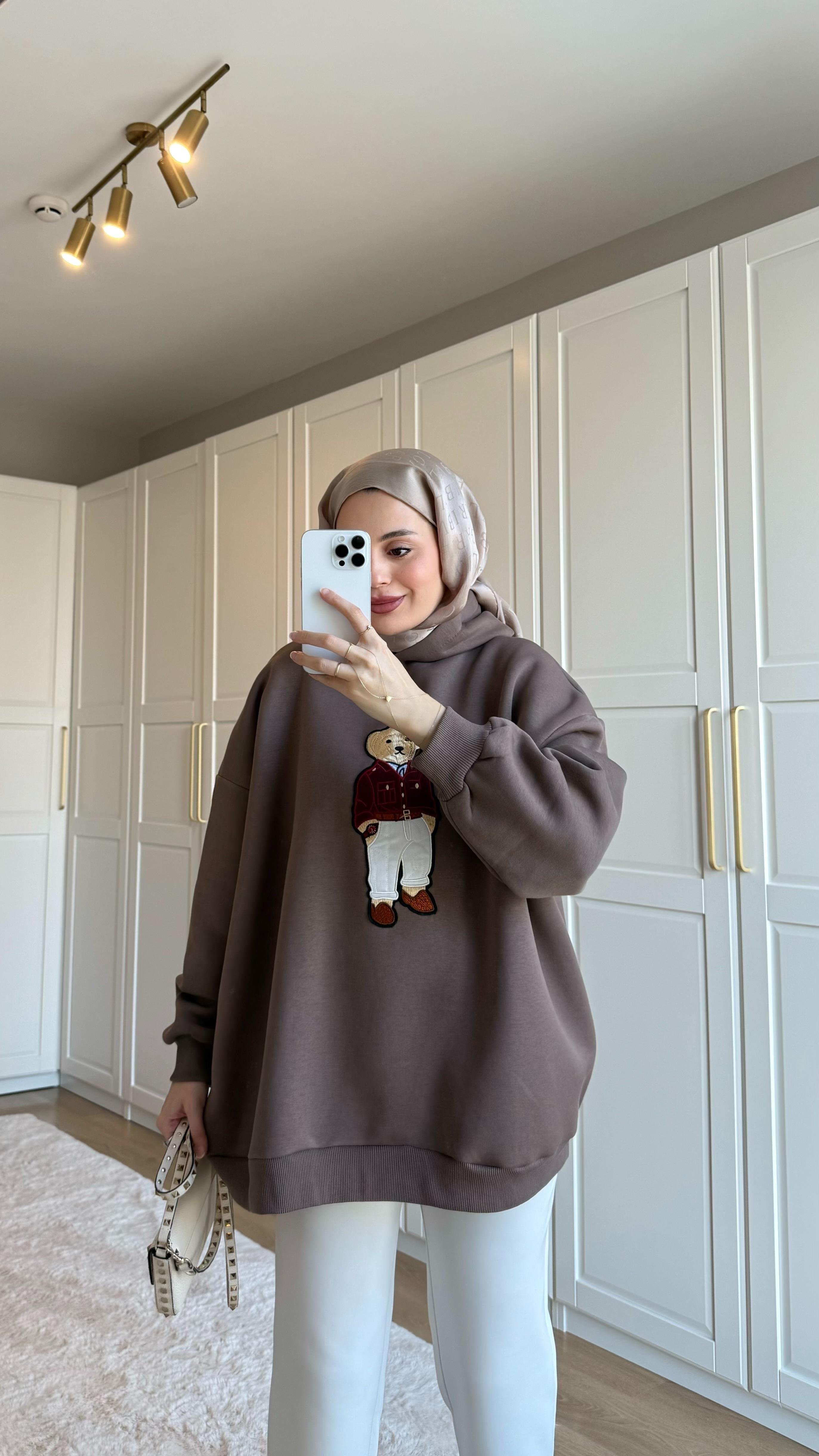 Kapüşonlu Teddy Sweatshirt Vizon