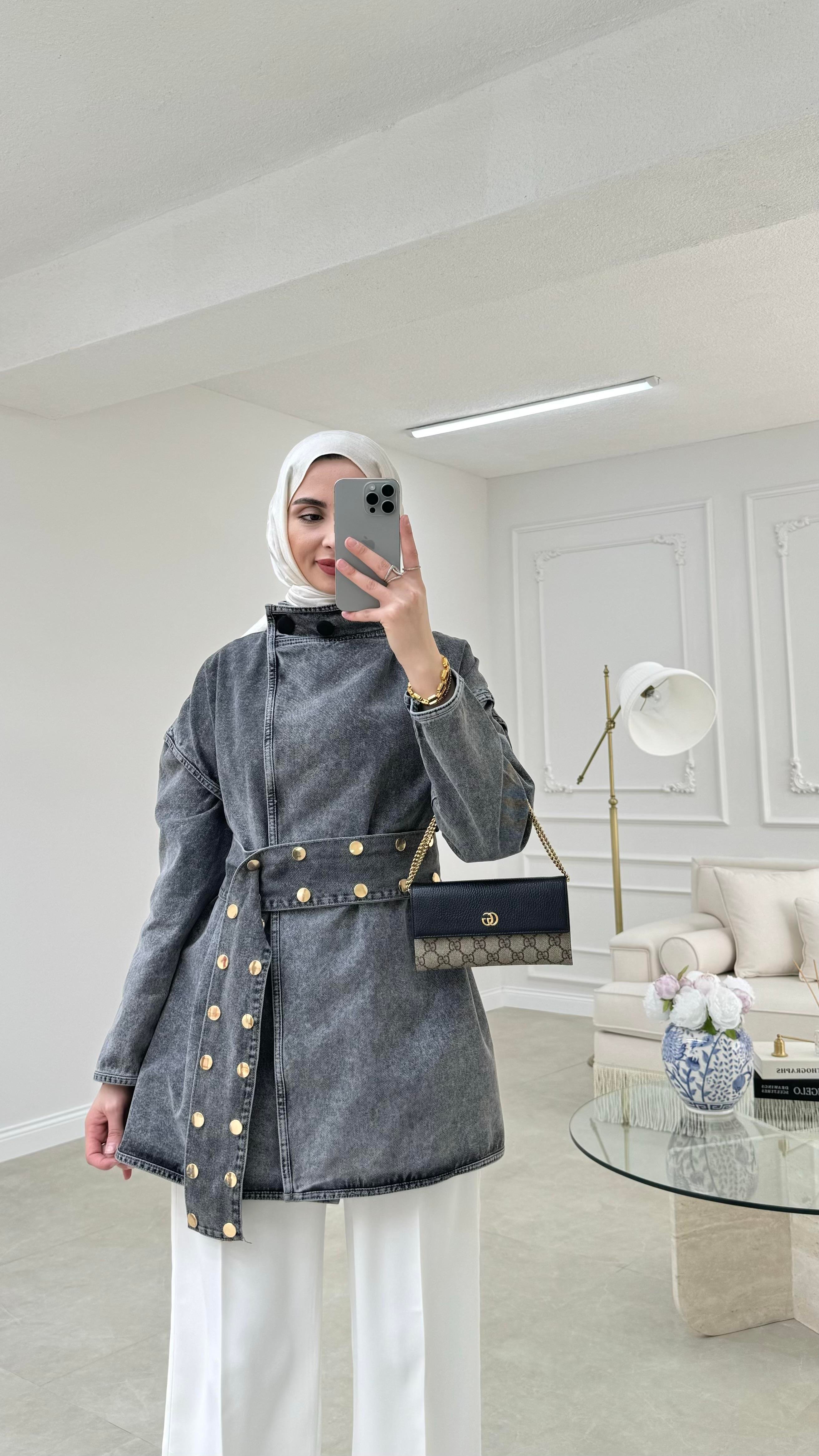 Kemerli Denim Ceket Antrasit 
