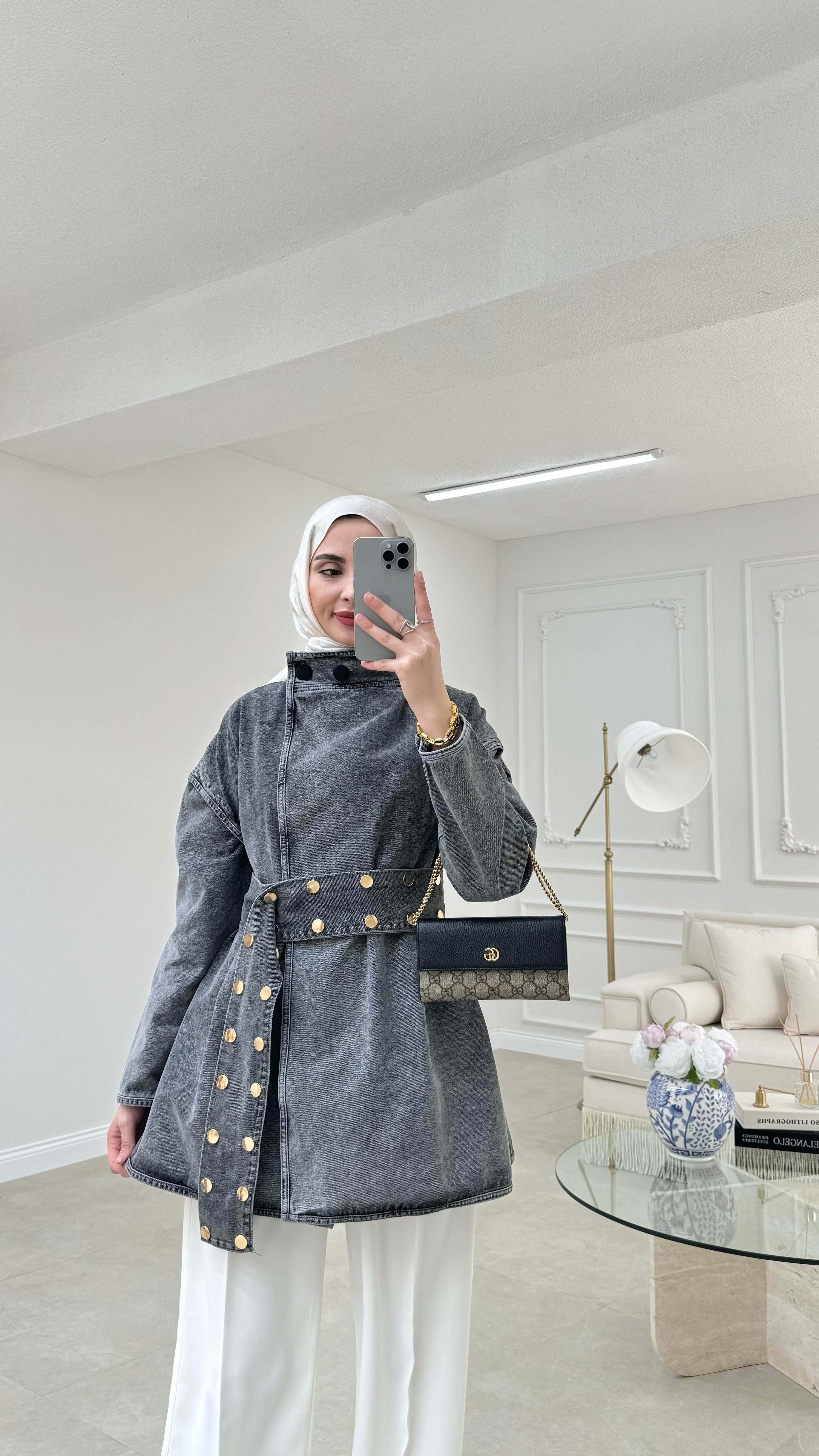 Kemerli Denim Ceket Antrasit 