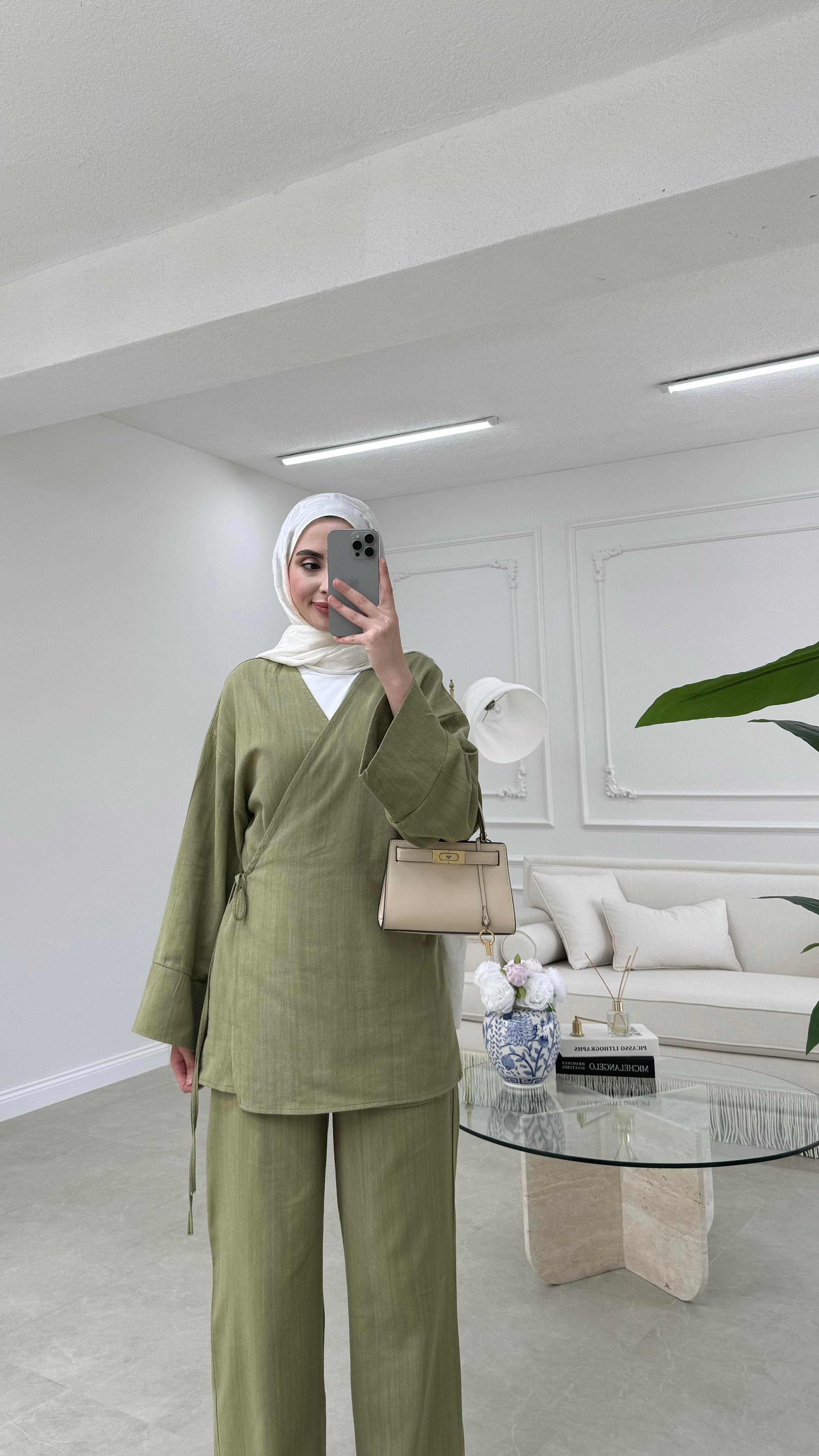 Kimono Keten Takım Yeşil