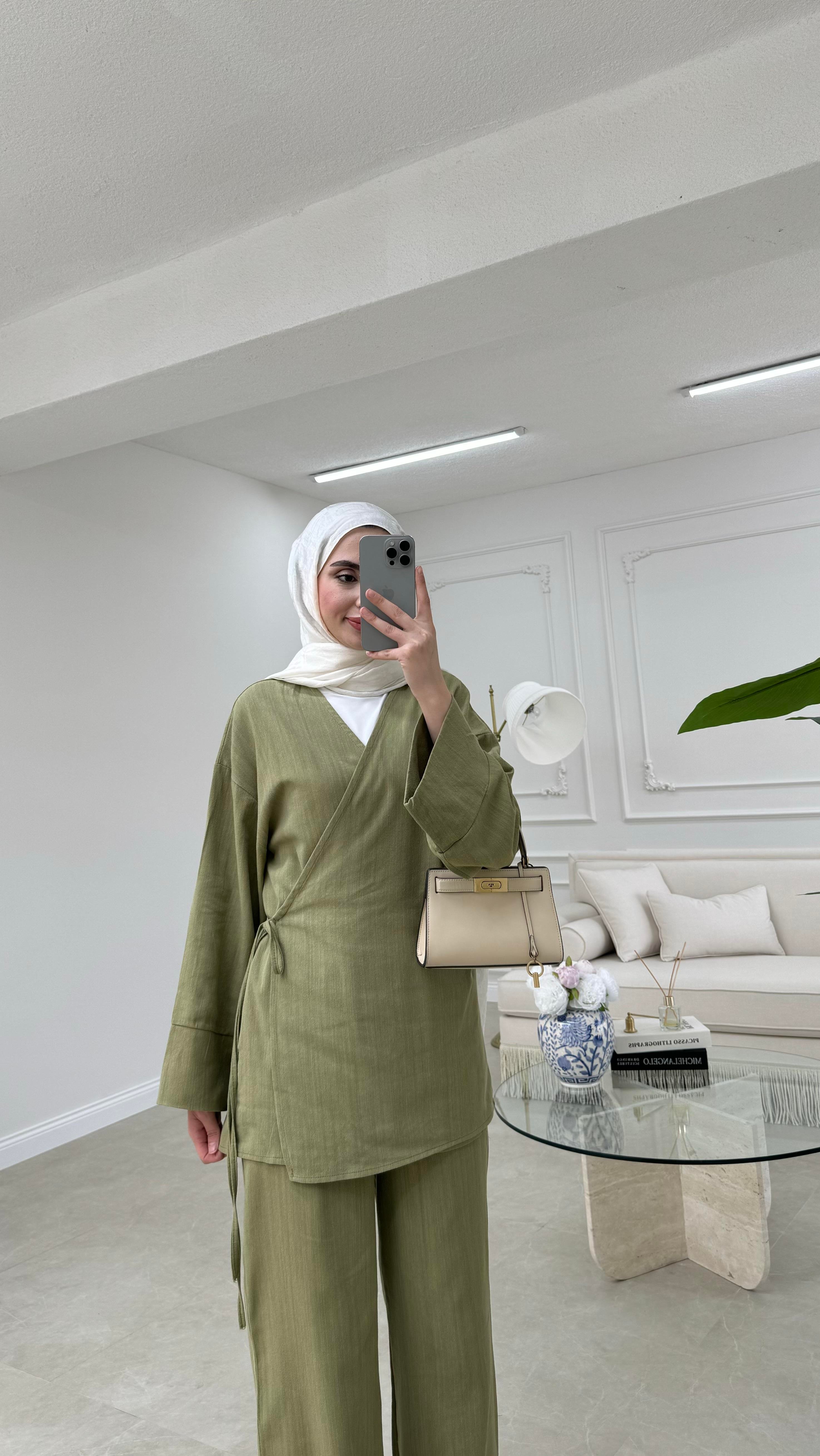 Kimono Keten Takım Yeşil