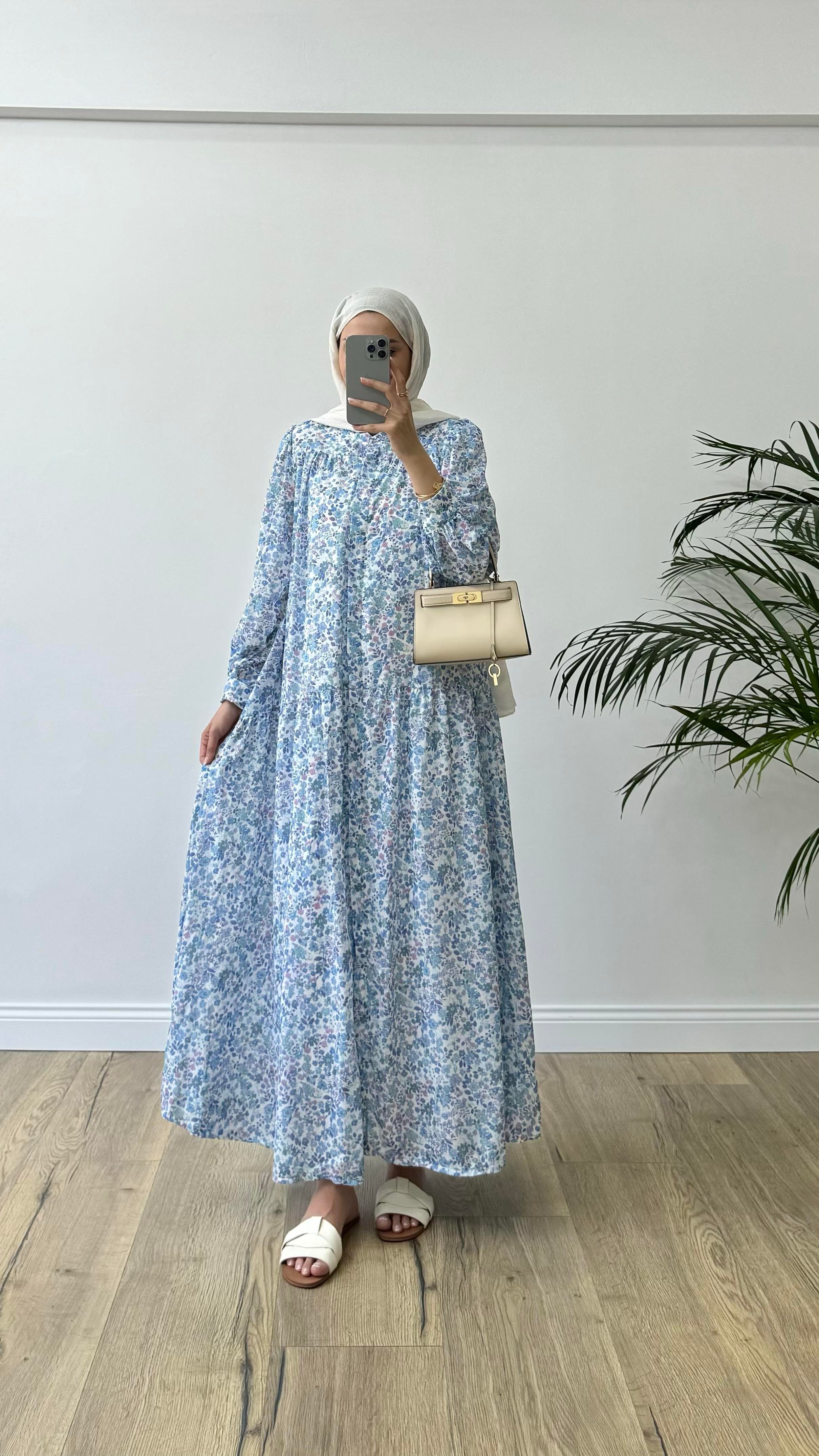 Mini Desenli Mavi Elbise