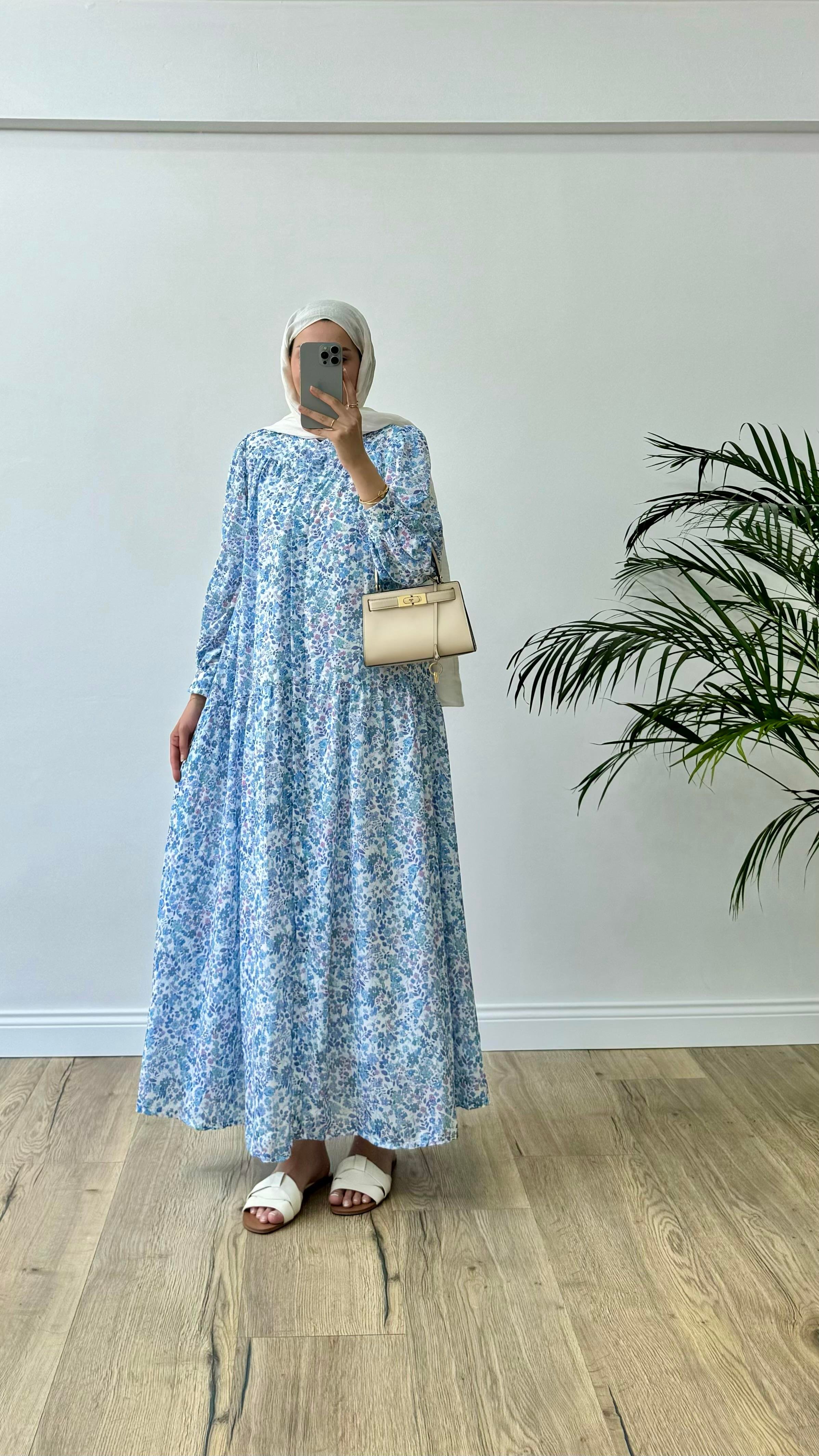 Mini Desenli Mavi Elbise