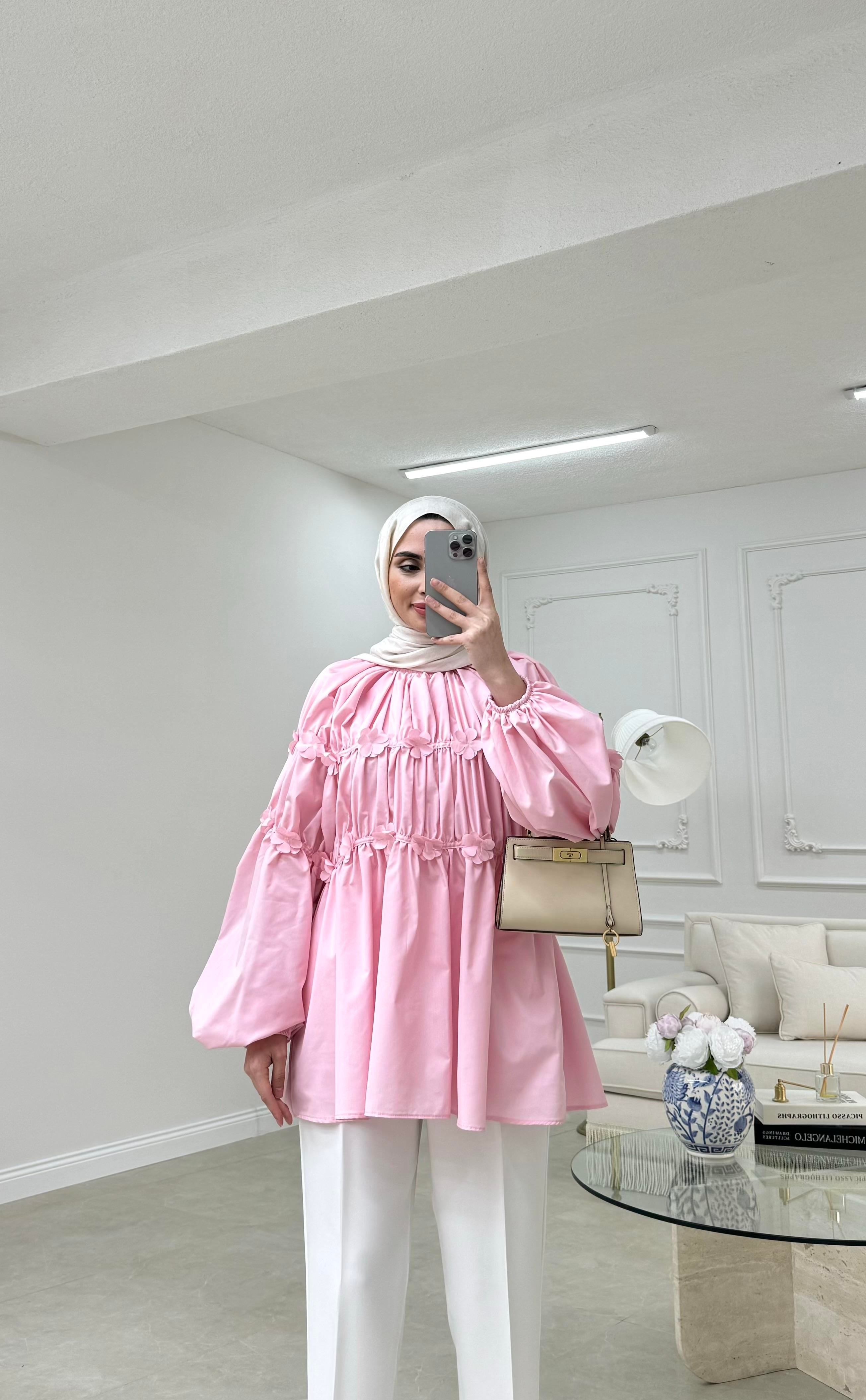 Minik Çiçek Detaylı Bluz Pembe