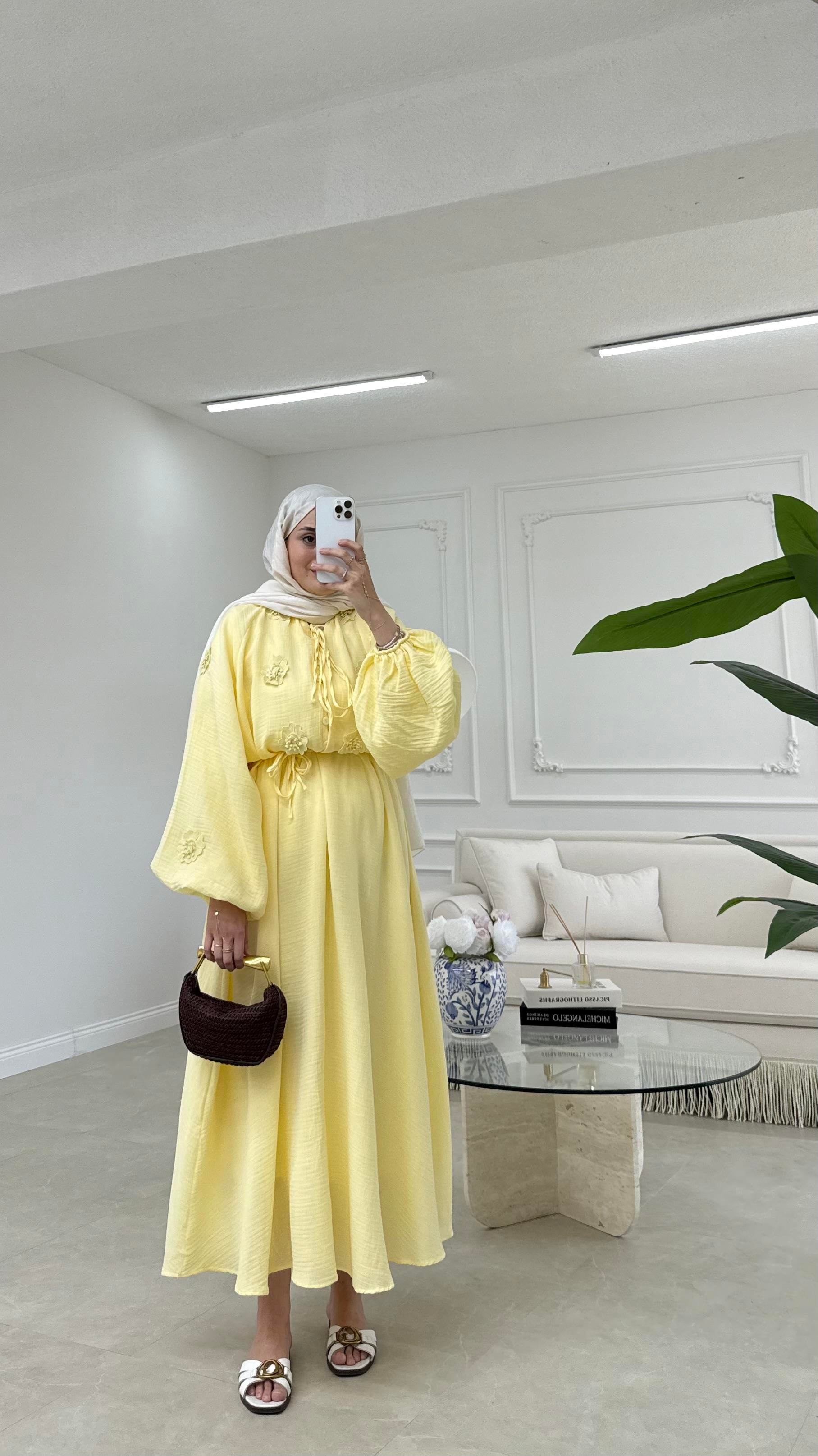 Nakışlı Müslin Elbise Sarı