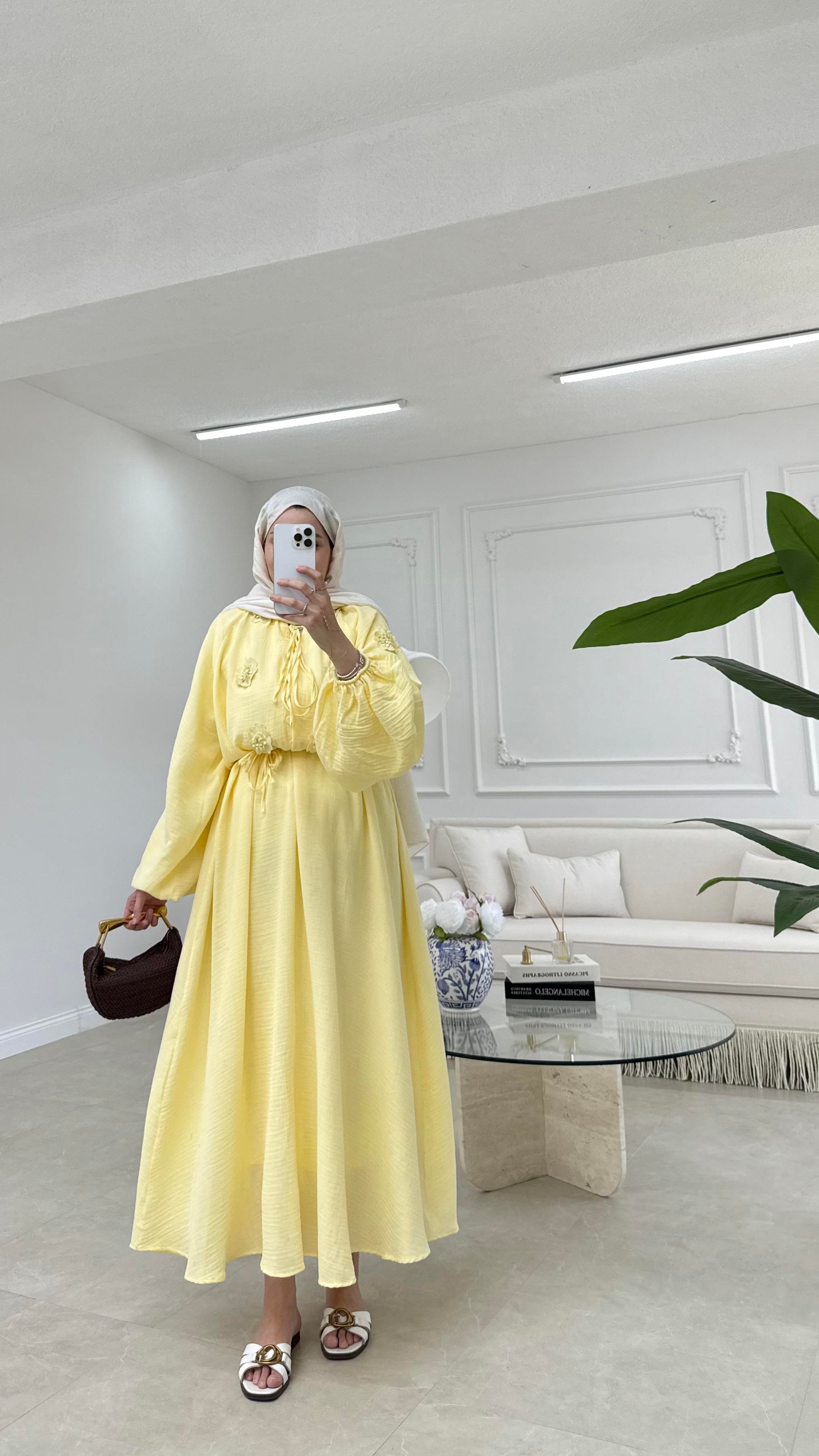 Nakışlı Müslin Elbise Sarı