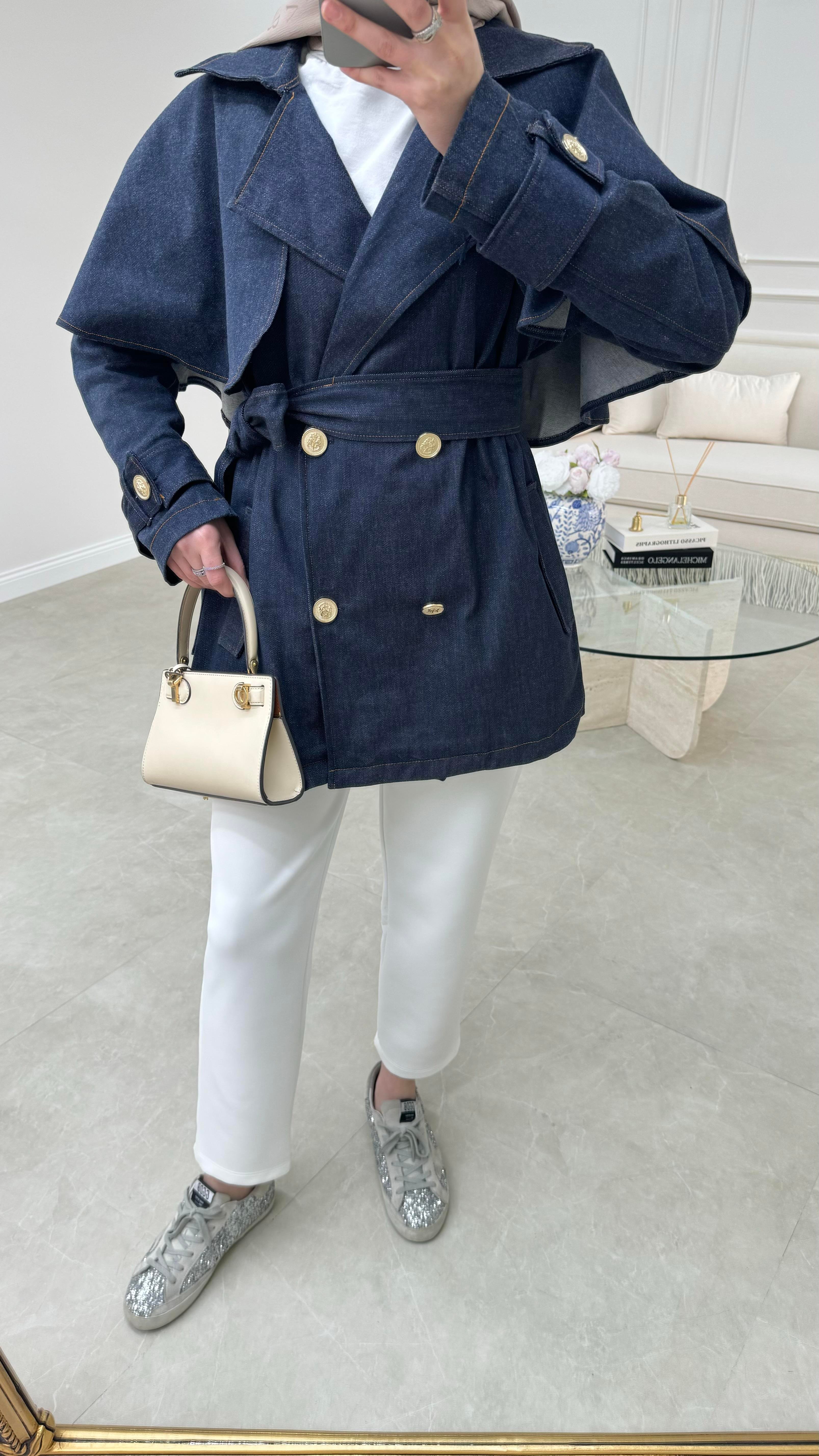 Pelerinli Denim Ceket