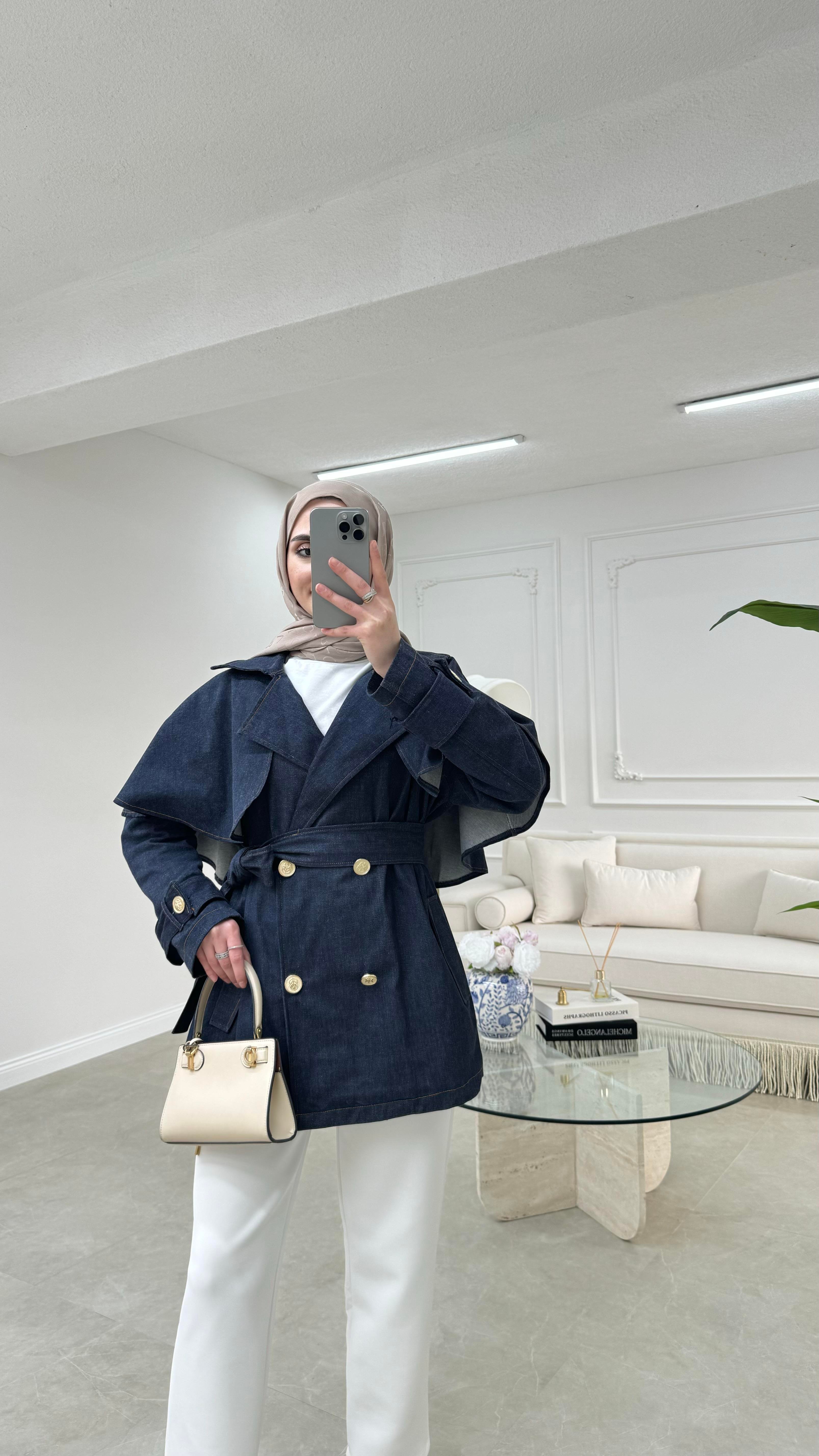 Pelerinli Denim Ceket