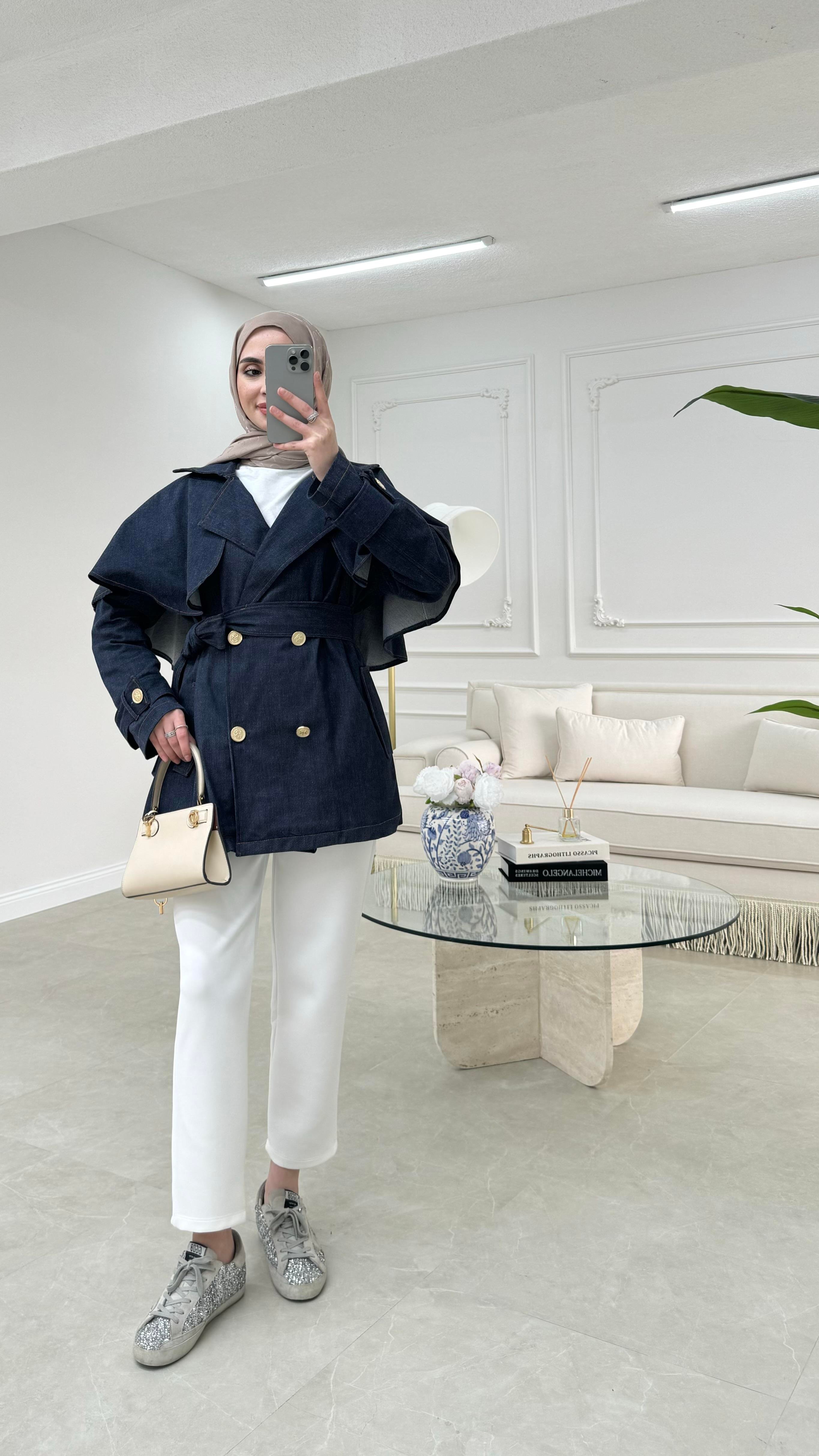 Pelerinli Denim Ceket