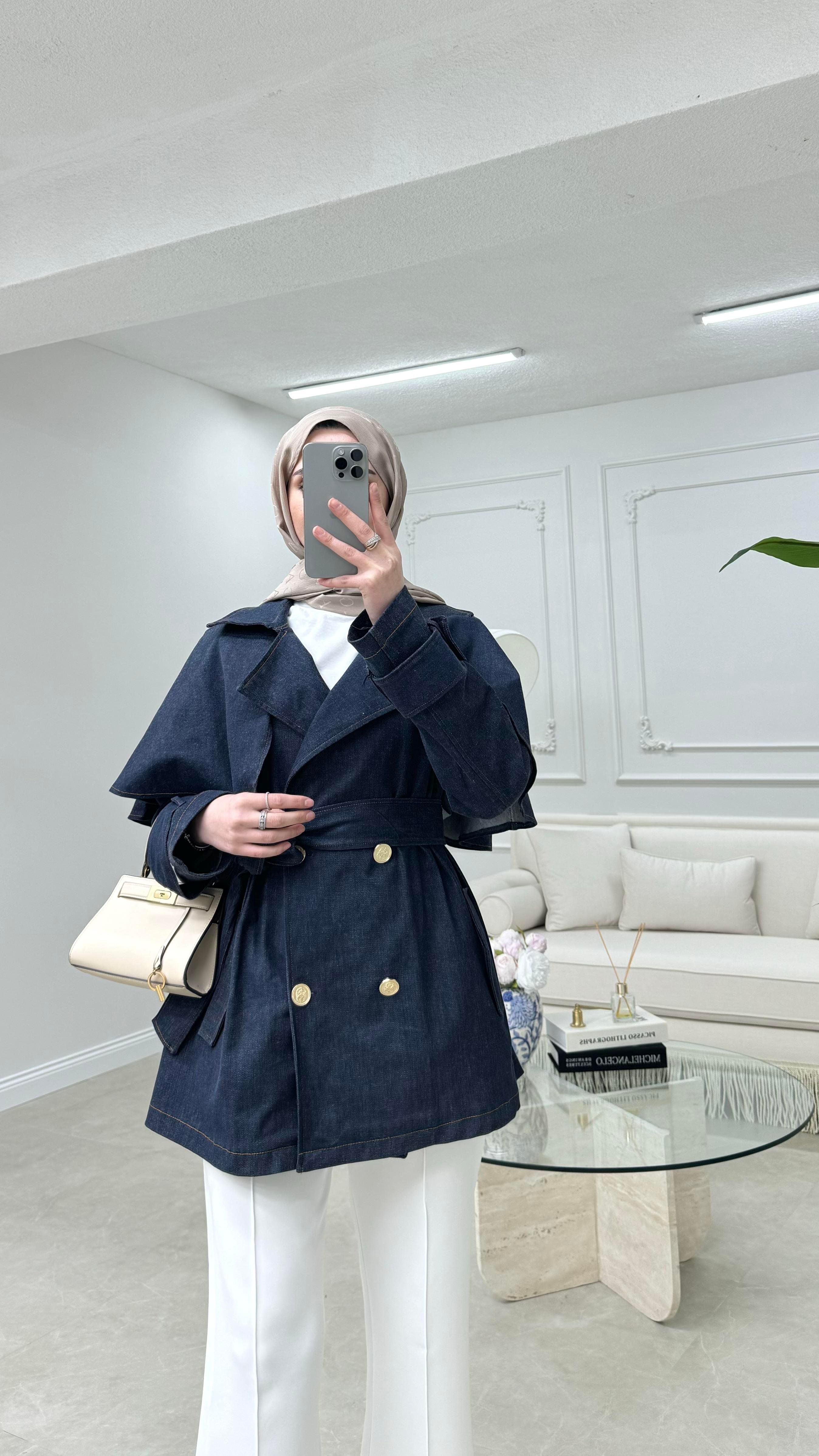 Pelerinli Denim Ceket