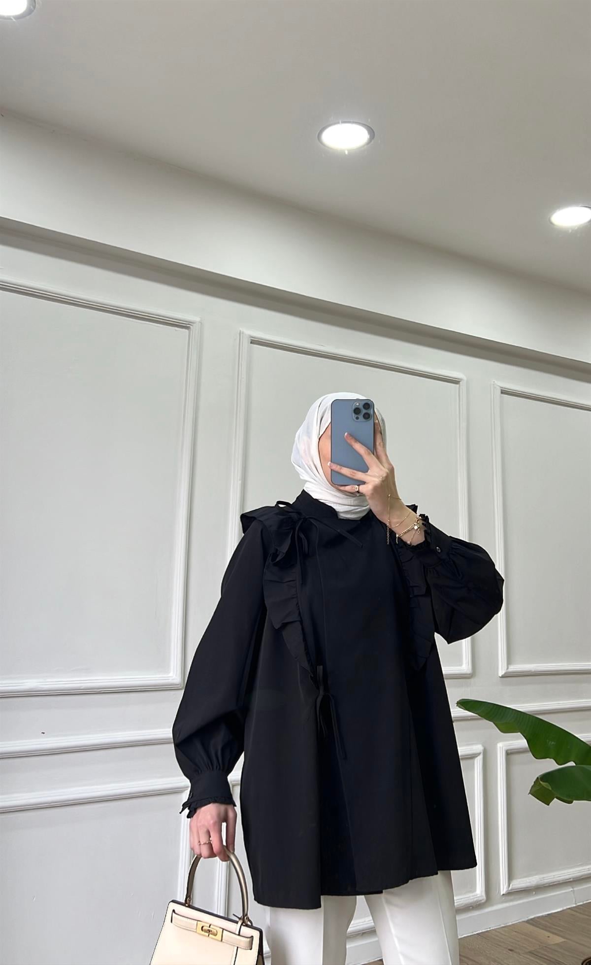 Poplin Bağlamalı Gömlek - Siyah