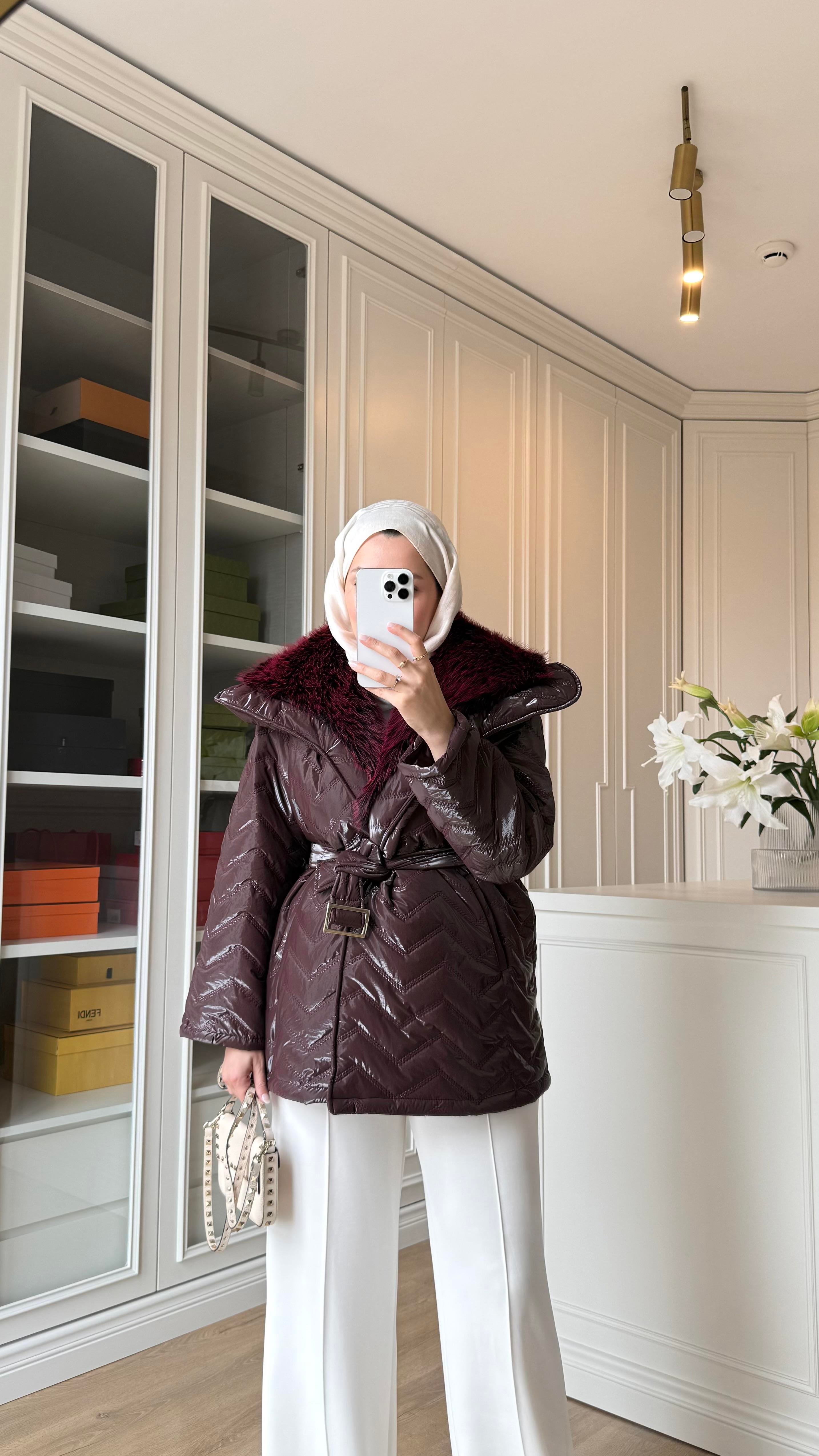 Premium Kürklü Mont Bordo