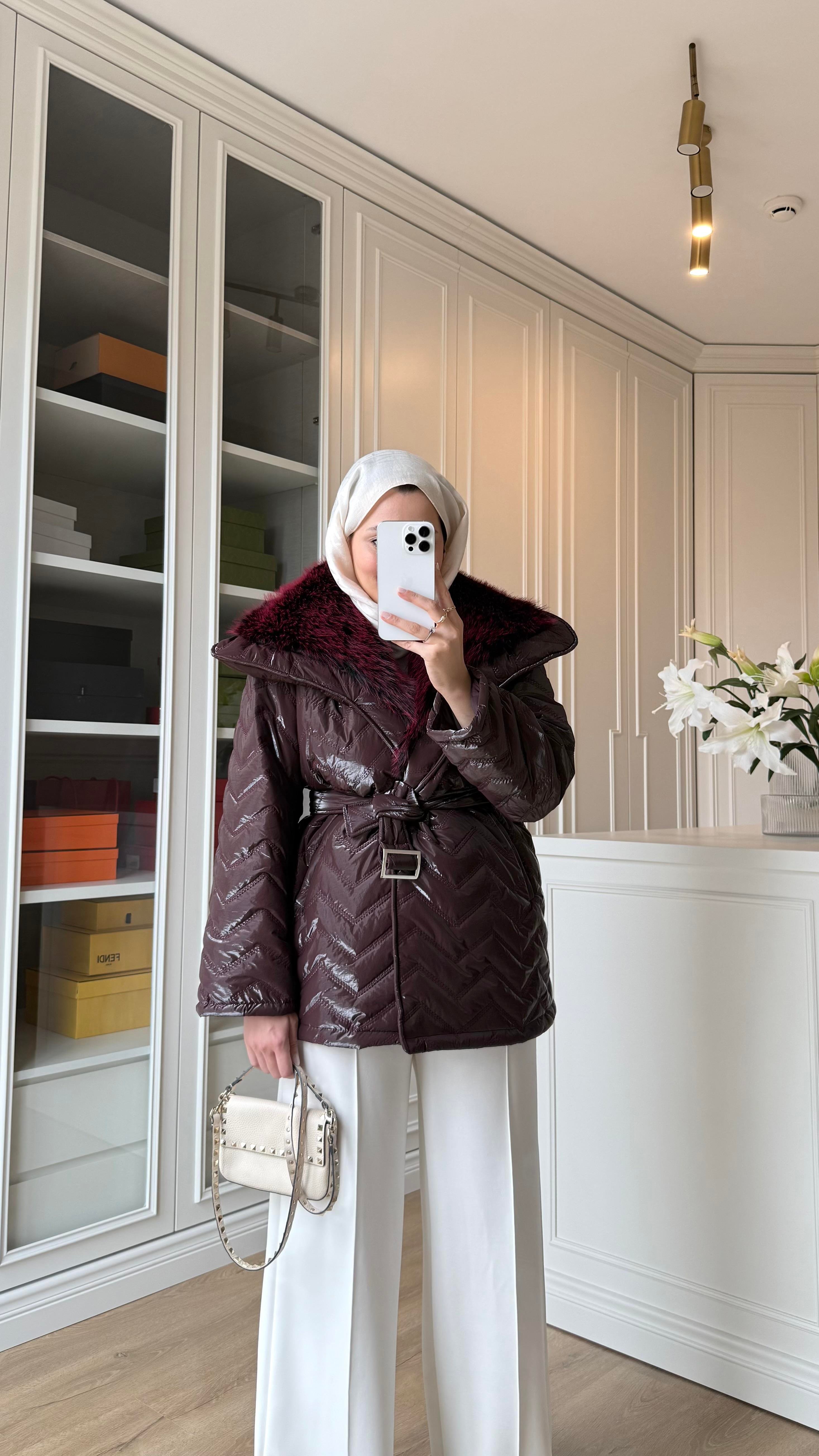 Premium Kürklü Mont Bordo