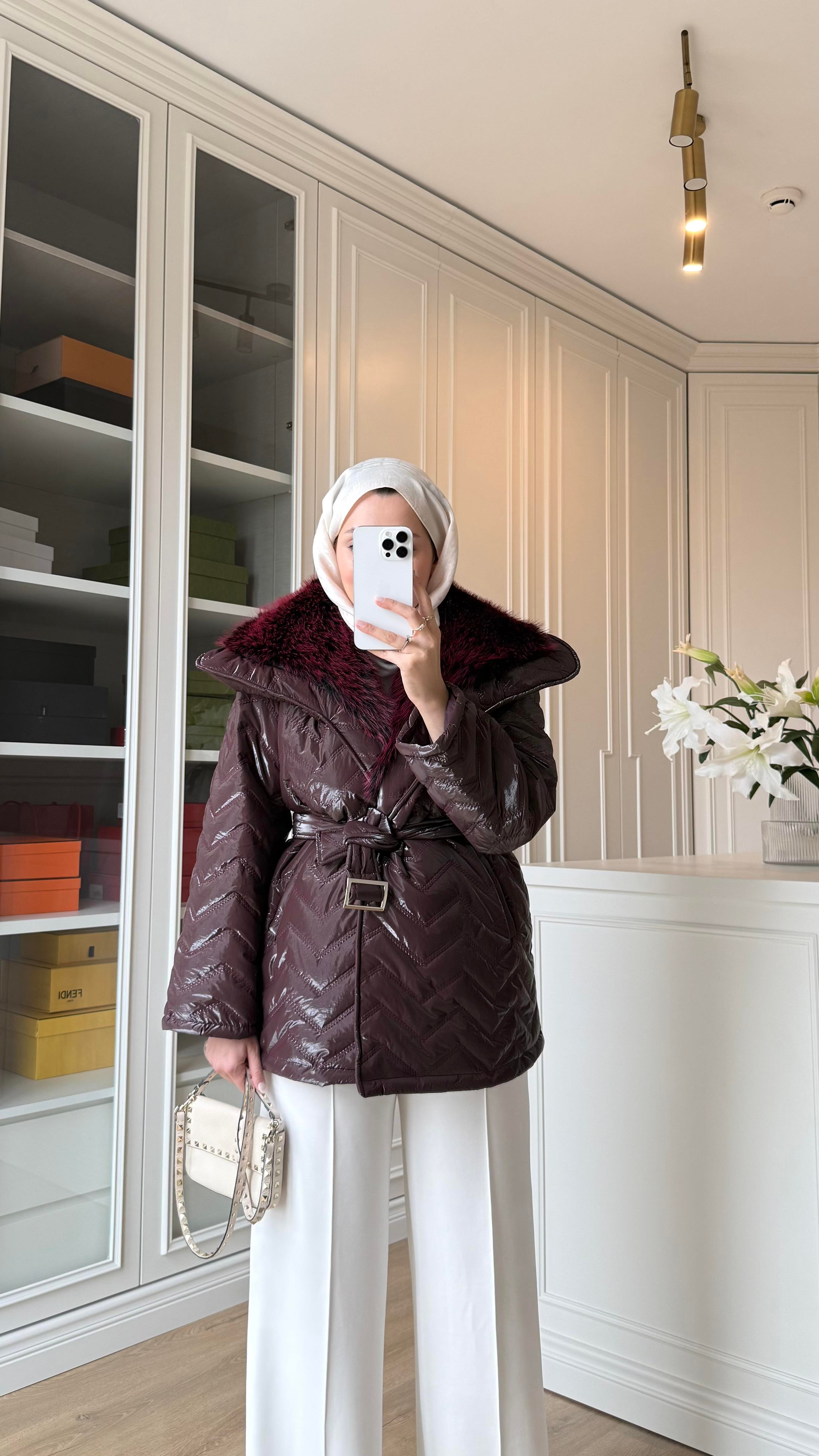 Premium Kürklü Mont Bordo
