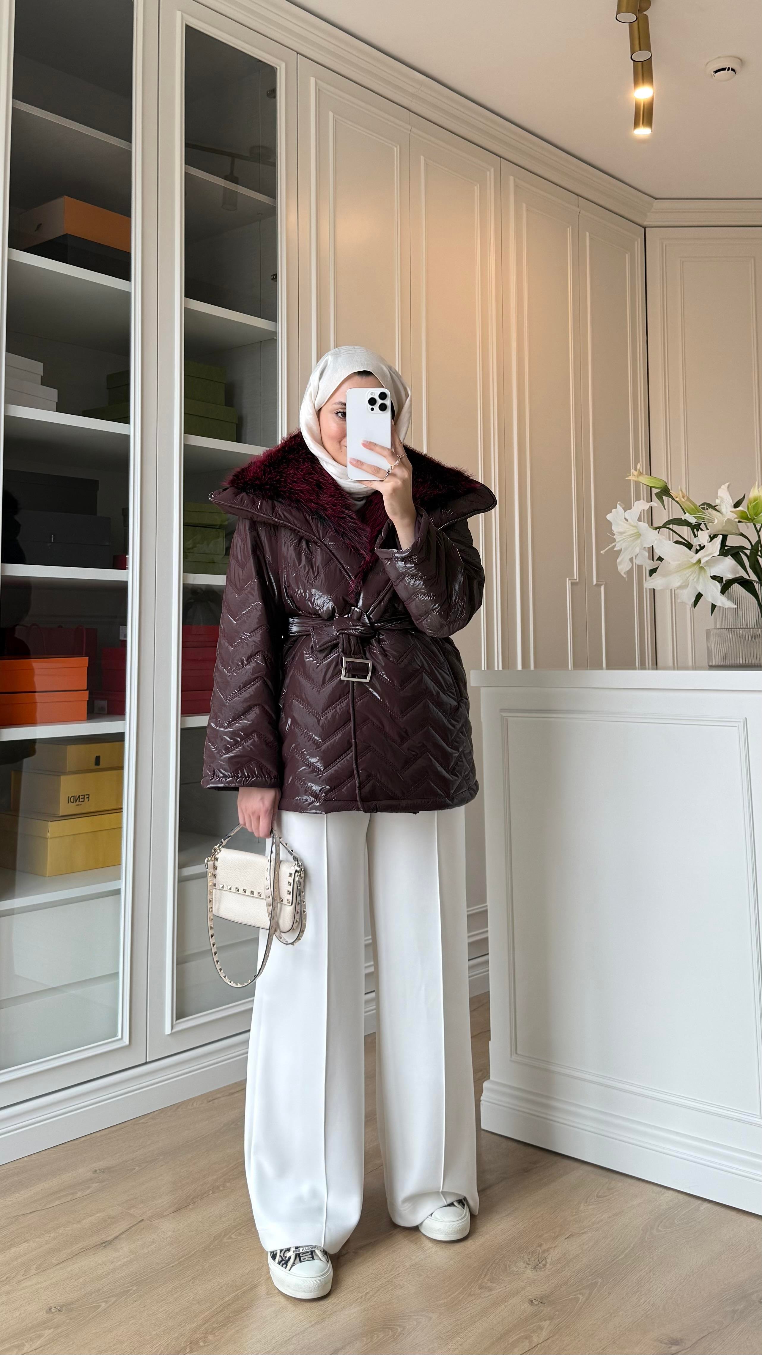 Premium Kürklü Mont Bordo