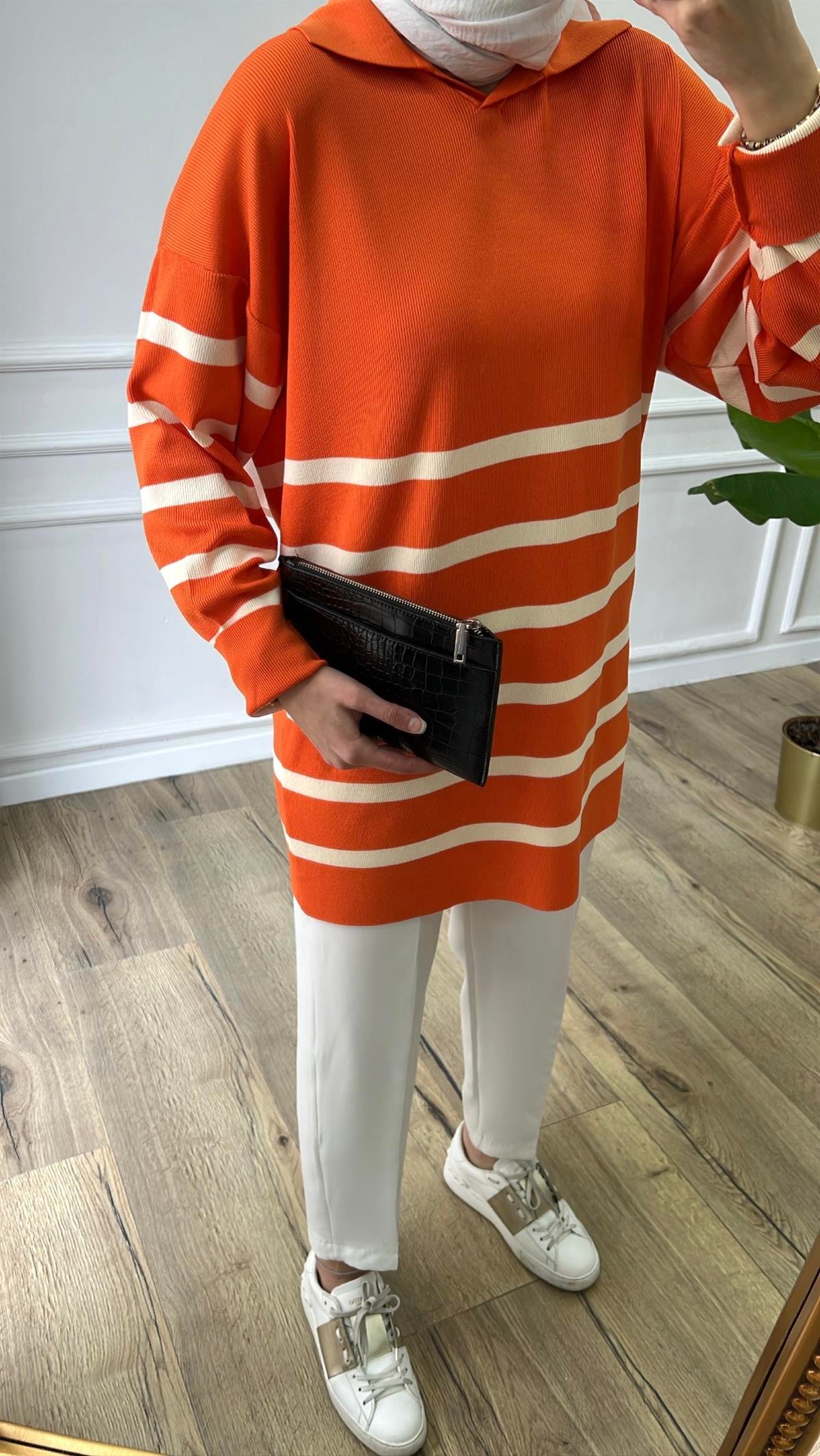 Turuncu - Çizgili Merserize Tunik