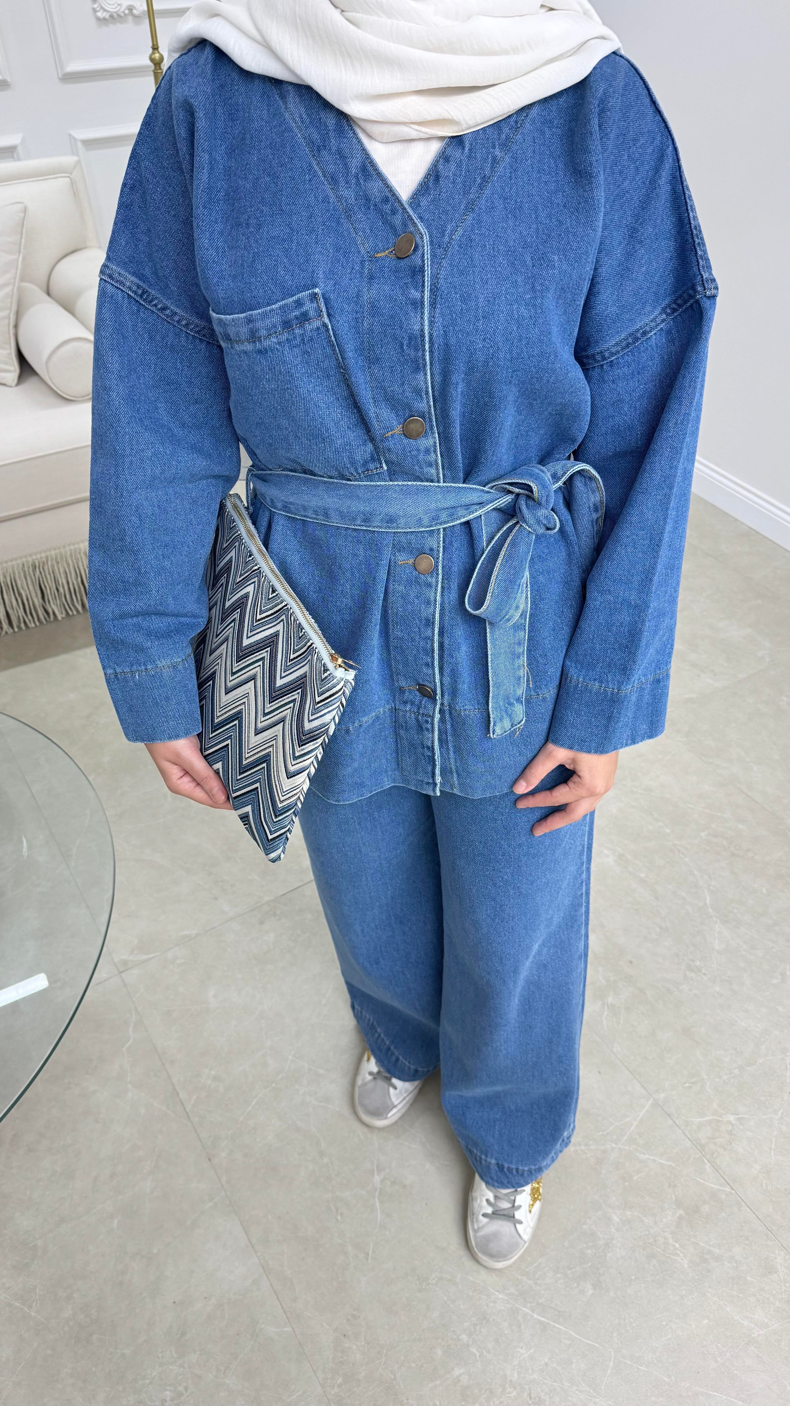 V Yaka Denim Takım Mavi