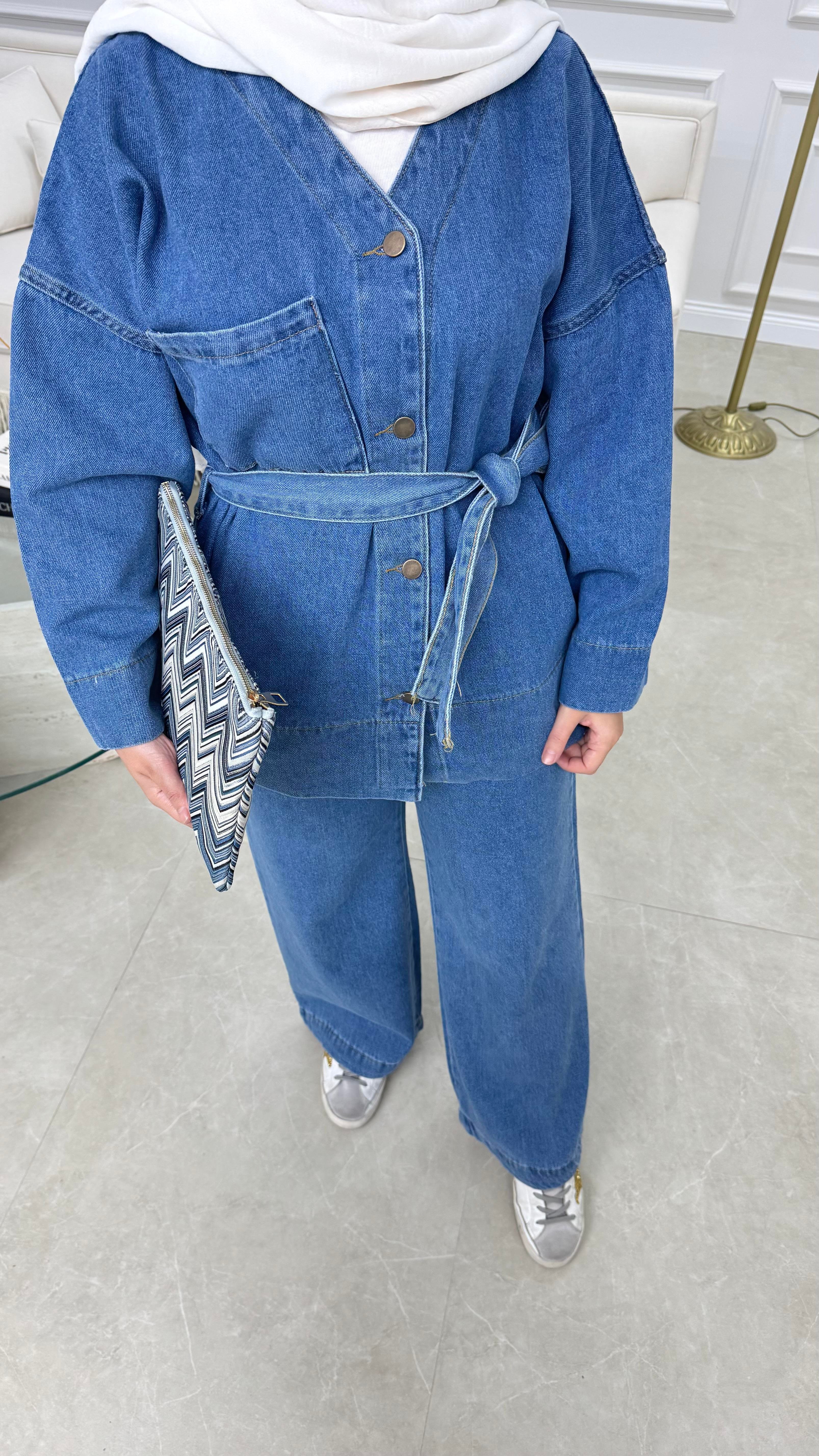 V Yaka Denim Takım Mavi