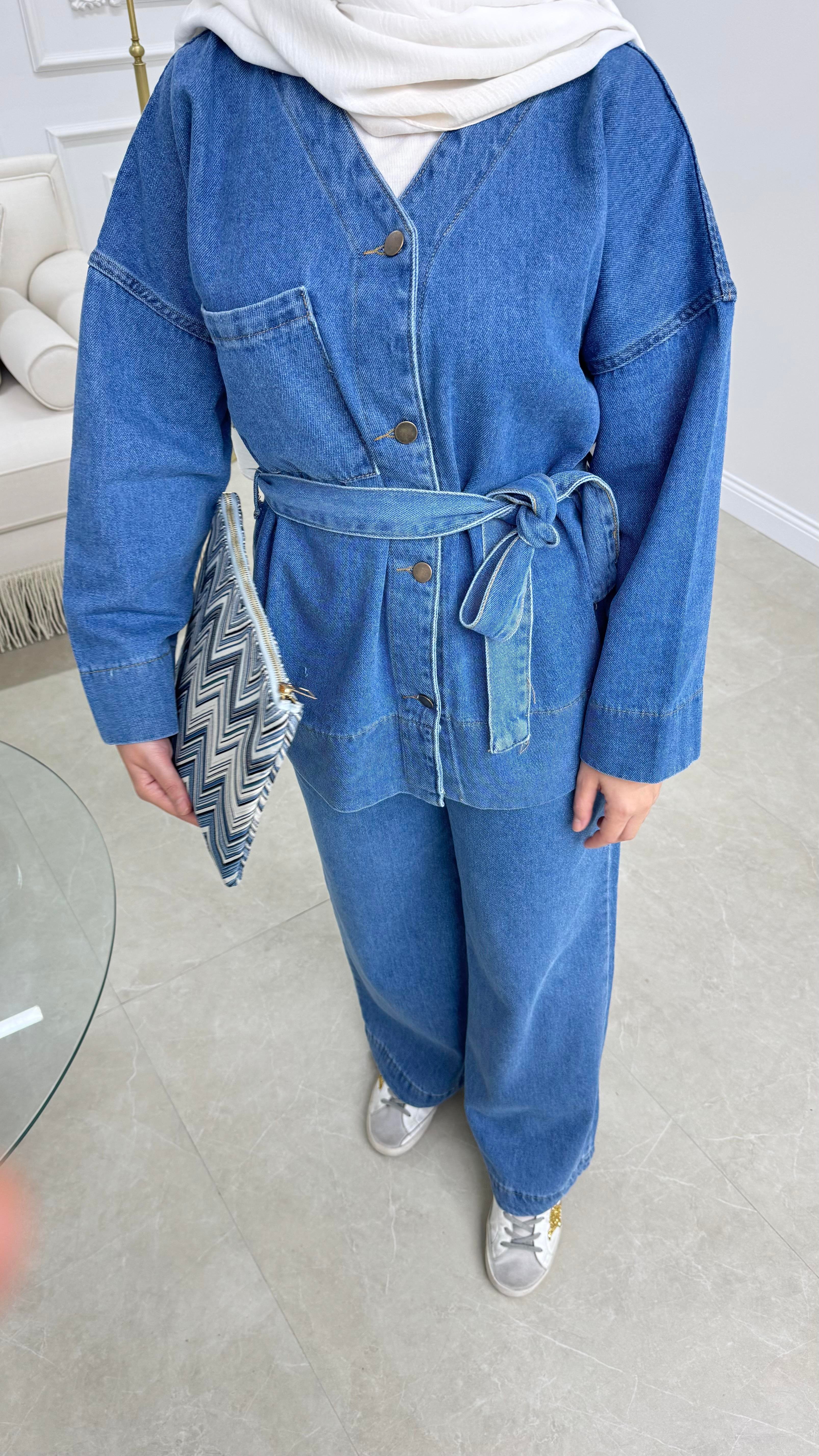 V Yaka Denim Takım Mavi