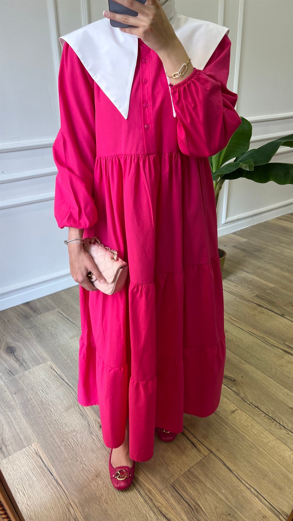 Yaka Detaylı Kat Elbise - Pembe