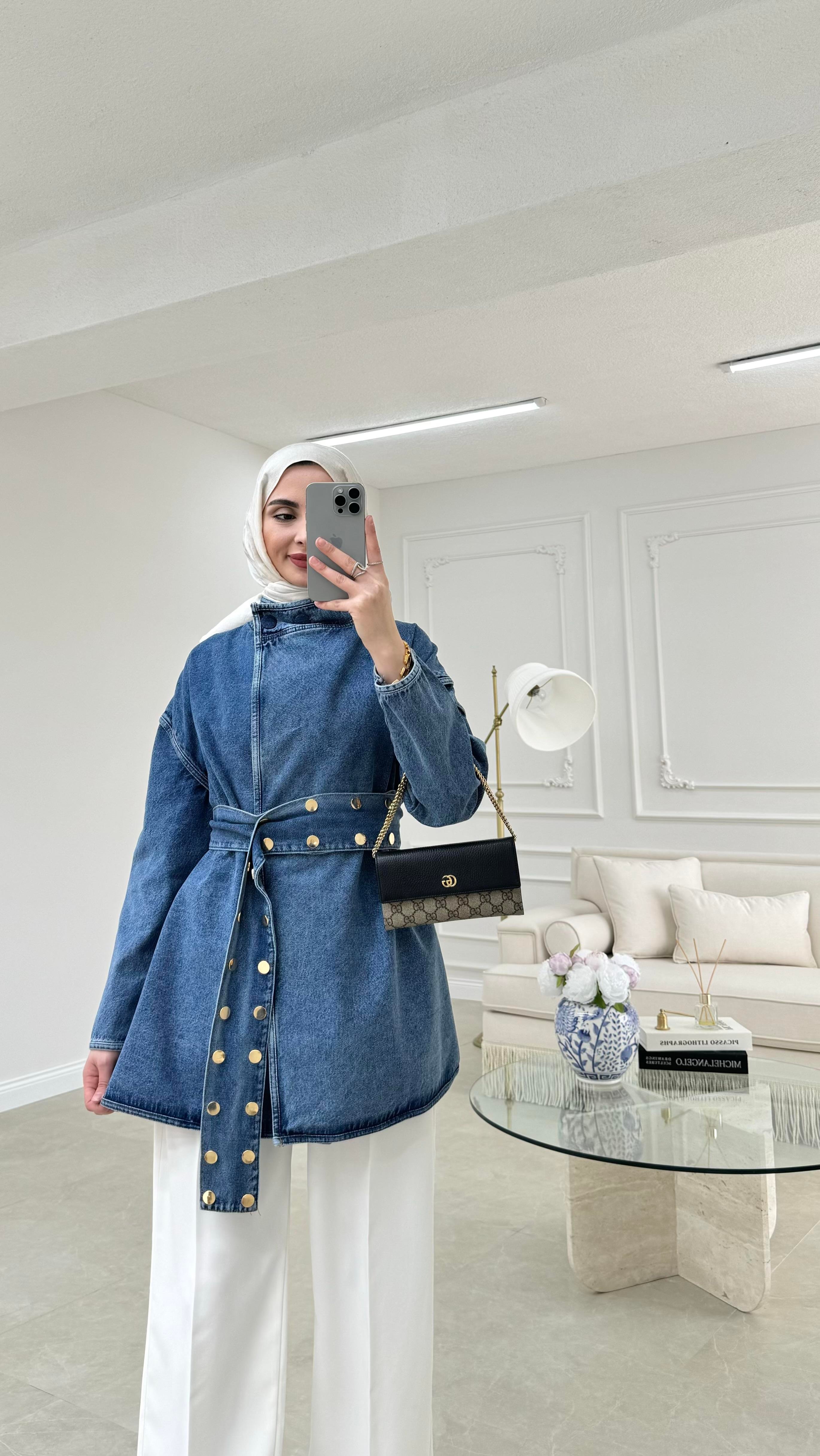 Zımba Kemerli Denim Ceket Mavi