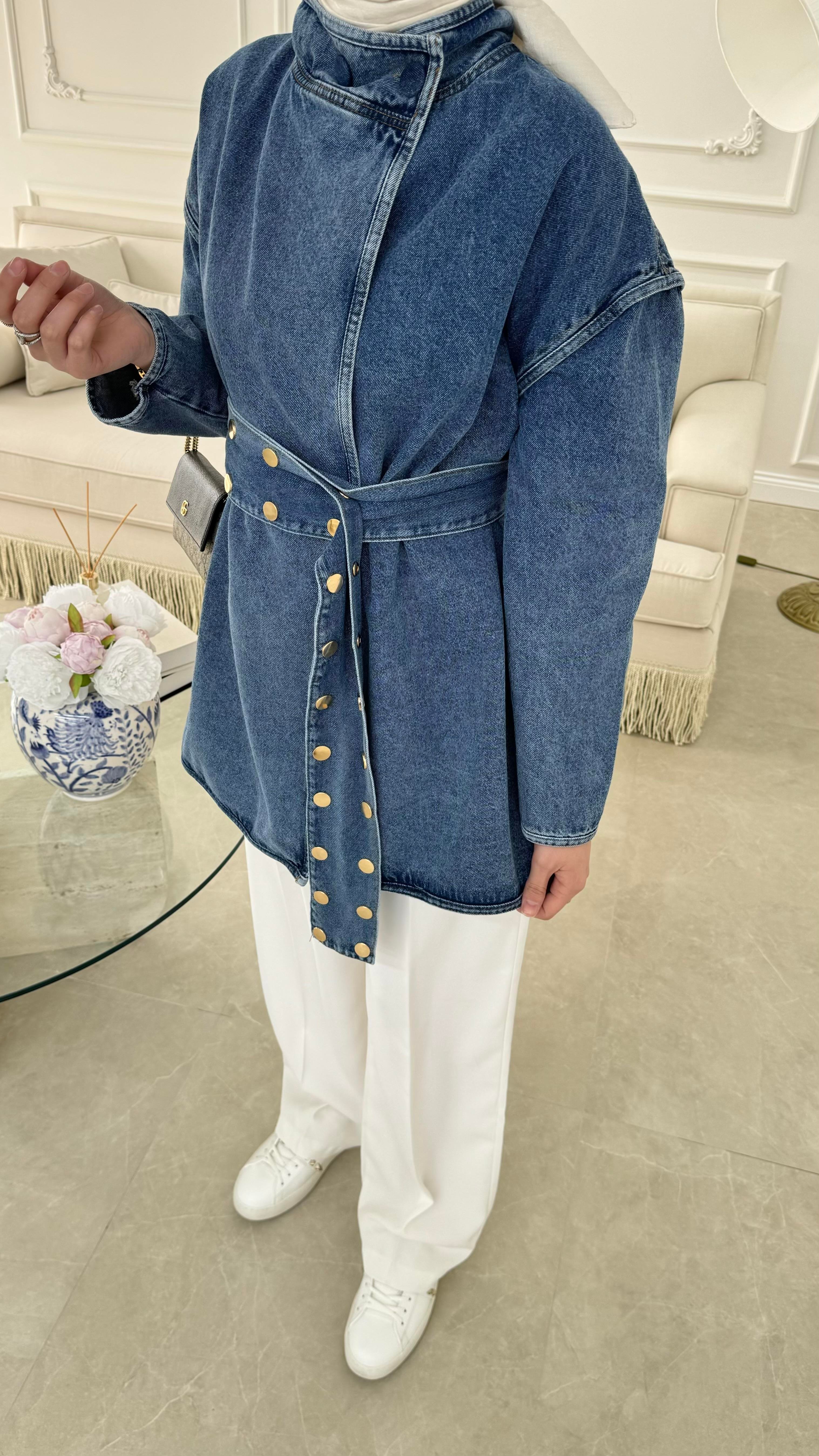 Zımba Kemerli Denim Ceket Mavi