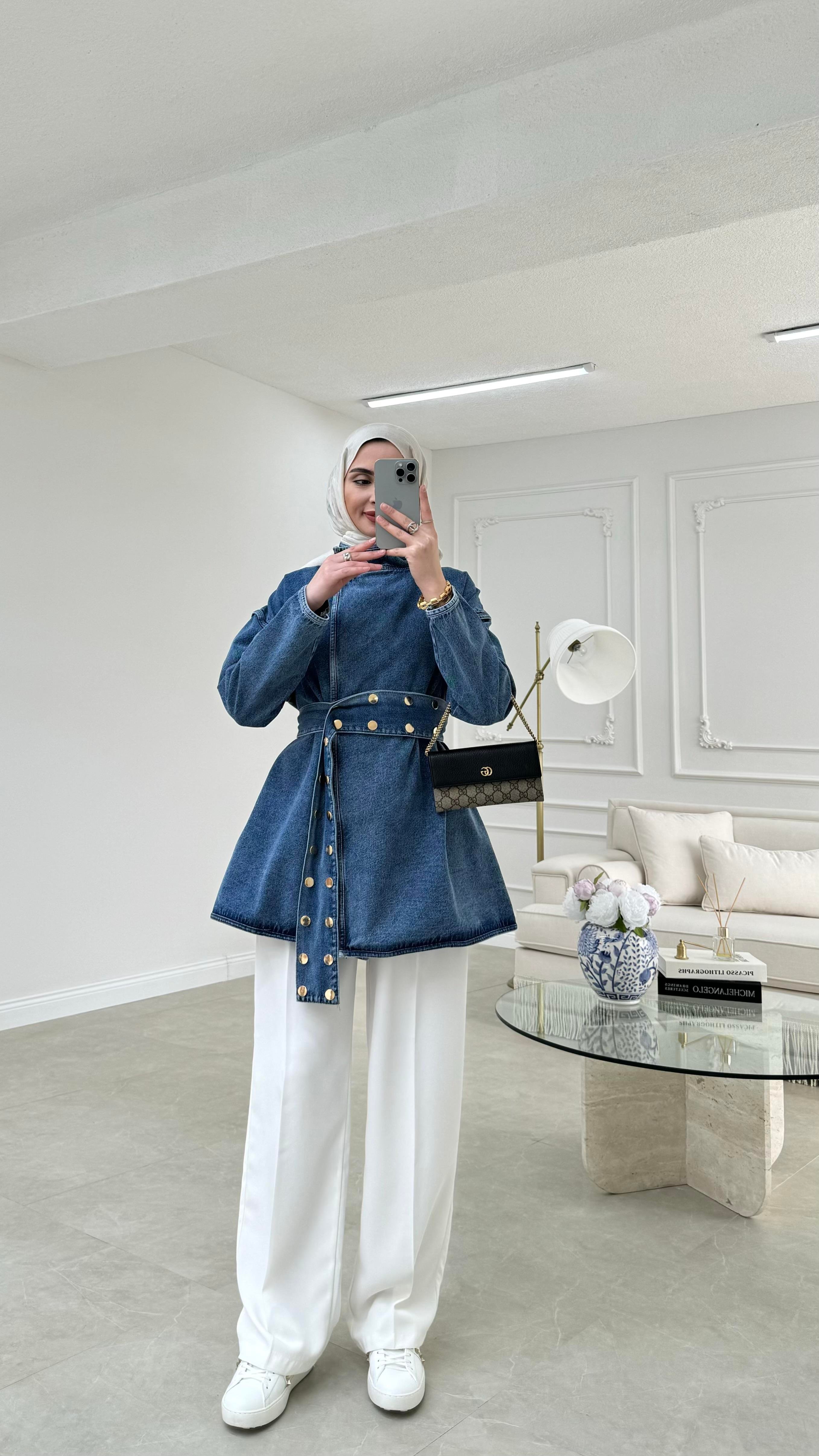 Zımba Kemerli Denim Ceket Mavi