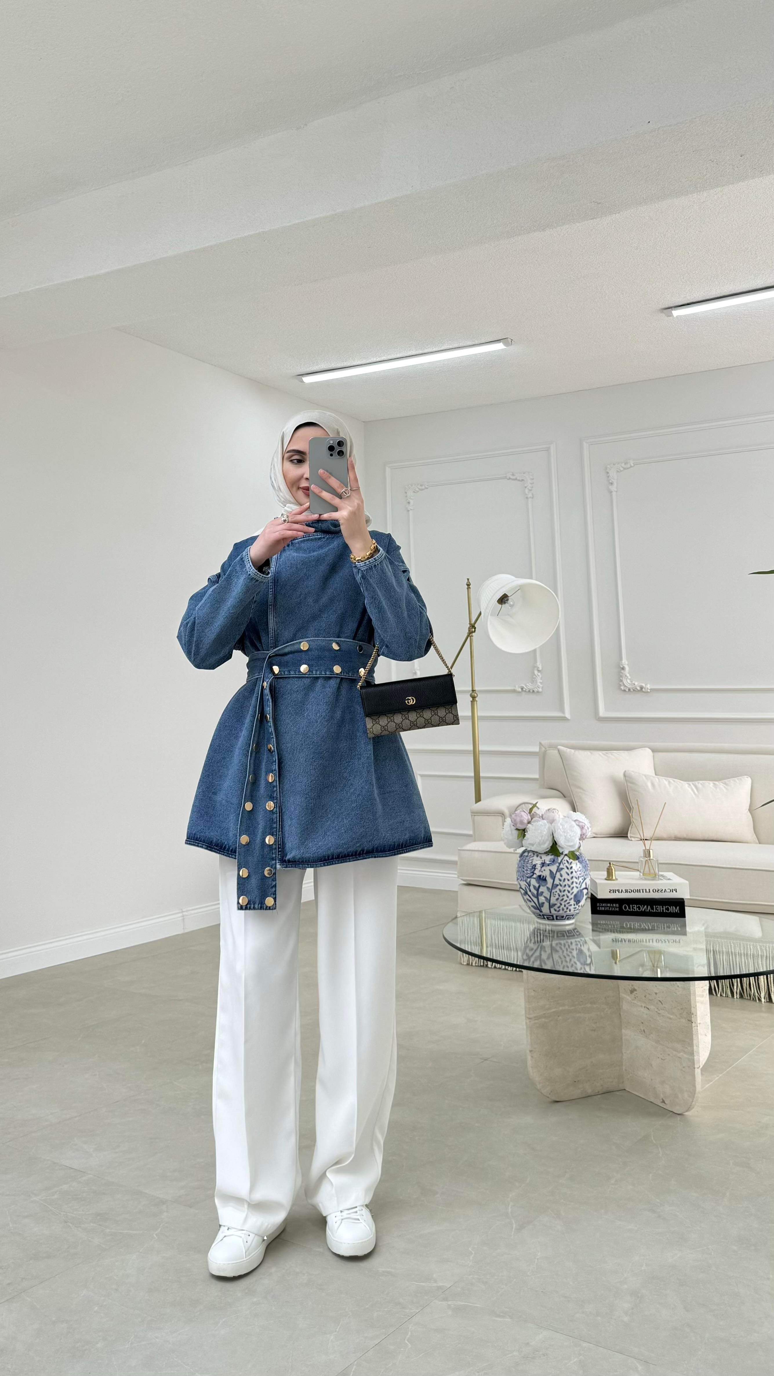 Zımba Kemerli Denim Ceket Mavi