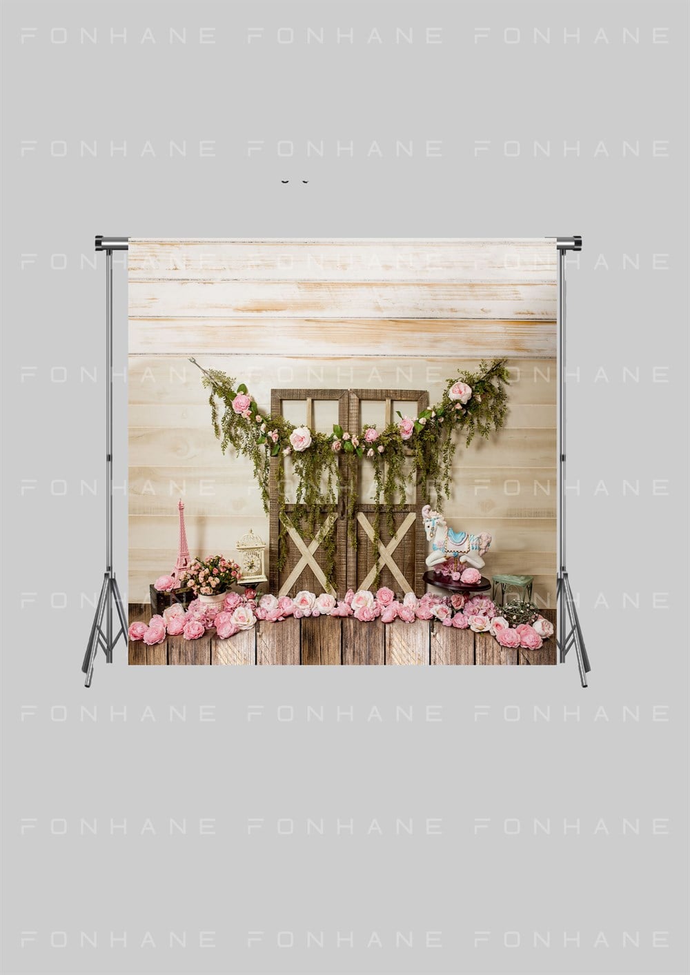Ahşap Otantik Kapılı Pembe Gül Süslemeli Zeminsiz Çocuk Kumaş Fotoğraf Fonu( 2X1.5 MT)