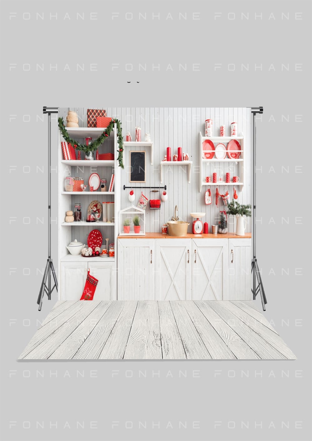 Beyaz Christmas Temalı Yeni Yıl Kırmızı Mutfak  Zeminli Çocuk Kumaş Fotoğraf Fonu( 2X2,5 MT)