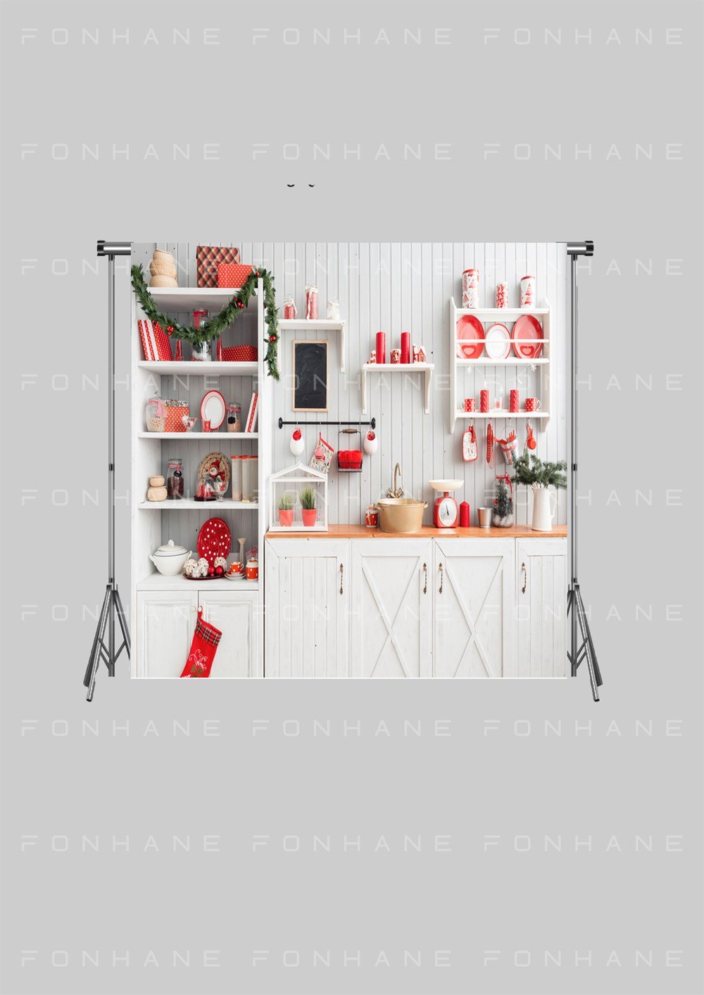 Christmas Temalı Yeni Yıl Kırmızı Mutfak Zeminsiz Çocuk Kumaş Fotoğraf Fonu( 2X1.5 MT)