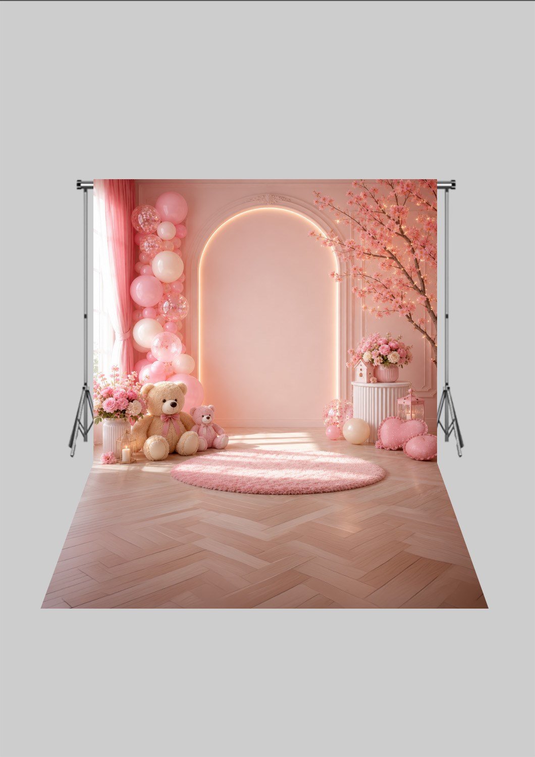 Çocuk Odası Temalı - Minnoş Pembe Ayıcıklar  - Üç Boyutlu Çocuk Kumaş Fotoğraf Fonu - Fabric Photography Backdrop ( 2X2,5 MT)