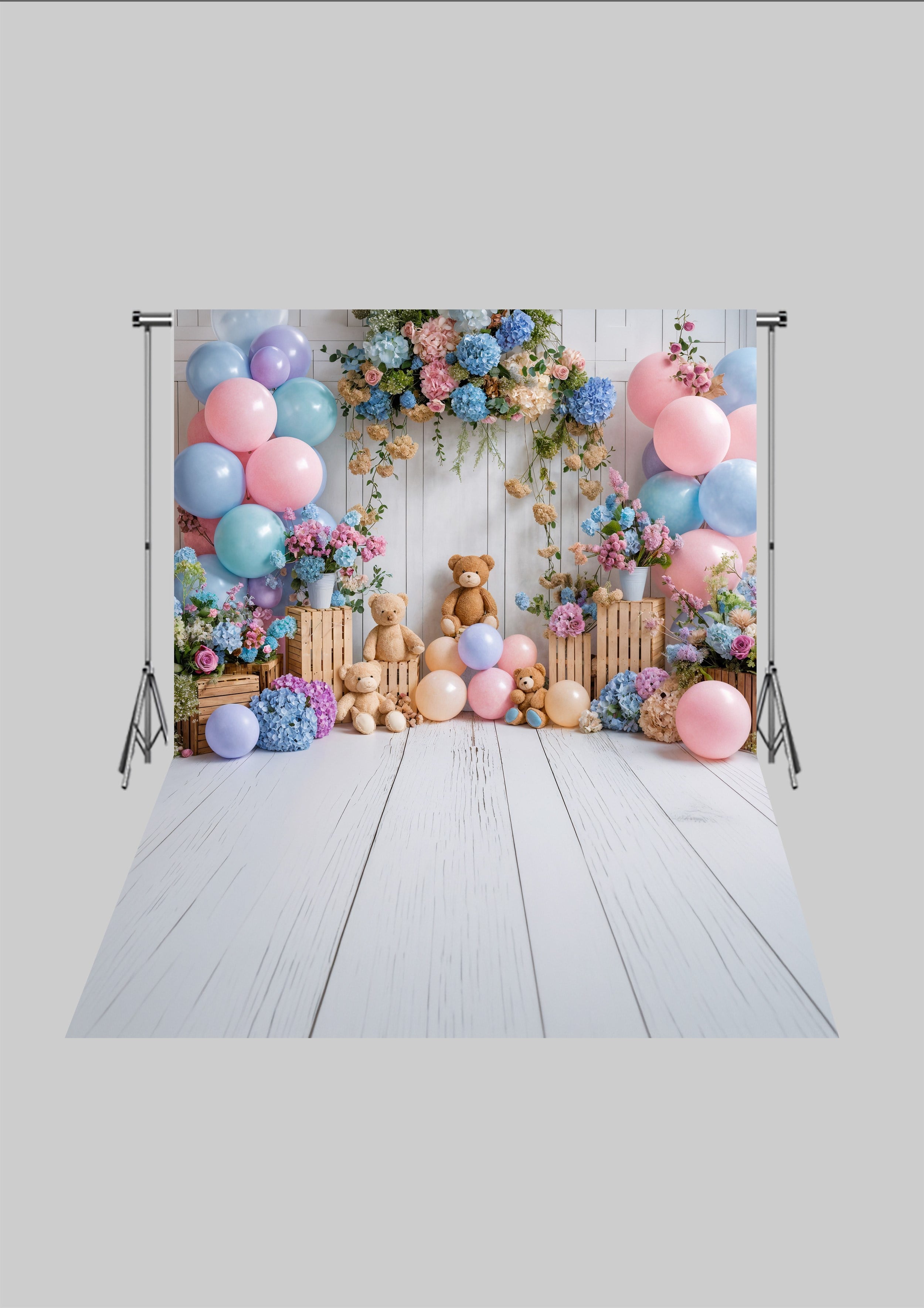 Doğum Günü Temalı  - Ayıcıklar ve Balonlar Özel Günler - Üç Boyutlu Çocuk Kumaş Fotoğraf Fonu - Fabric Photography Backdrop ( 2X2,5 MT)