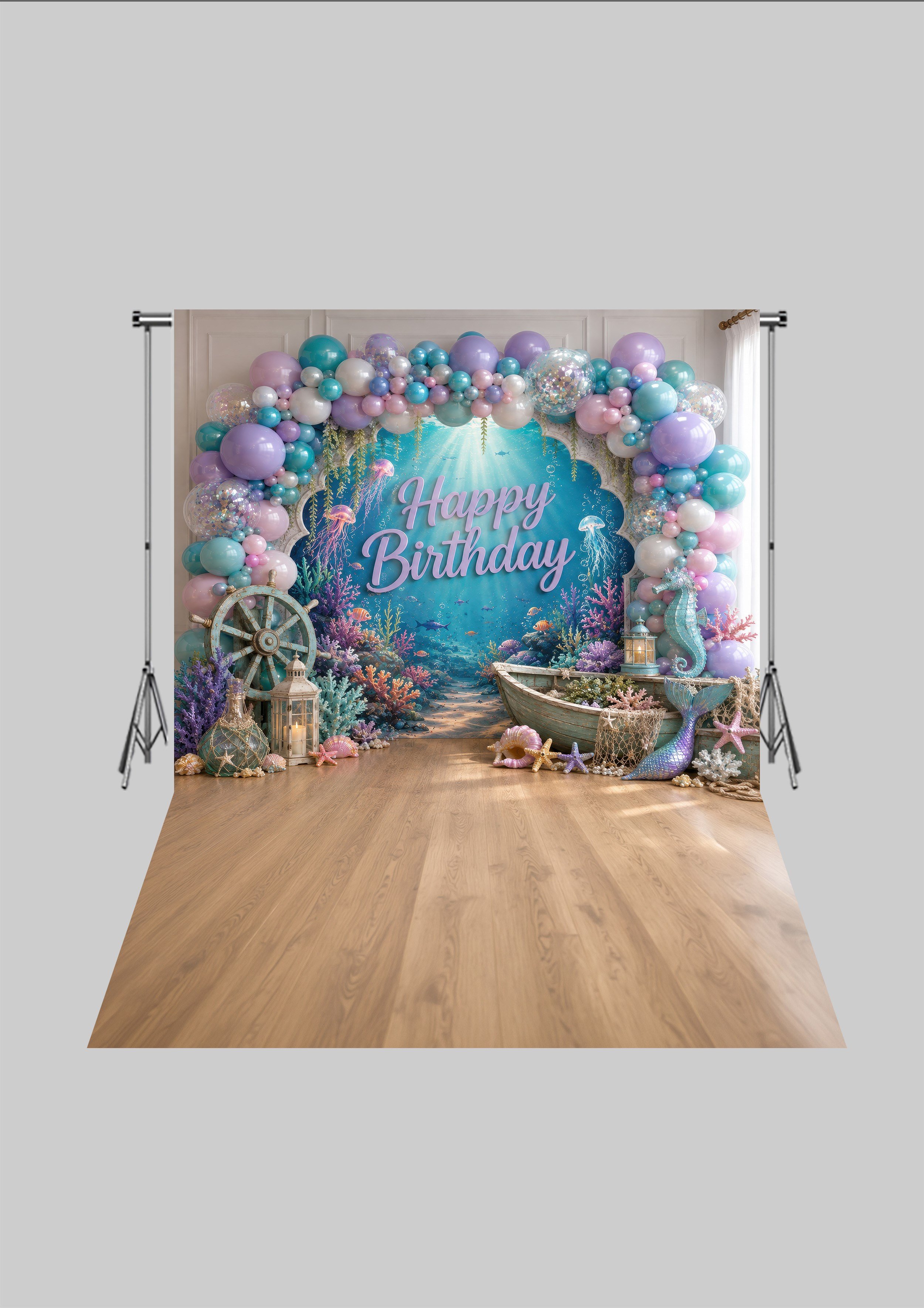Doğum Günü Temalı  - Deniz Kızı Doğum Günü - Üç Boyutlu Çocuk Kumaş Fotoğraf Fonu - Fabric Photography Backdrop ( 2X2,5 MT)
