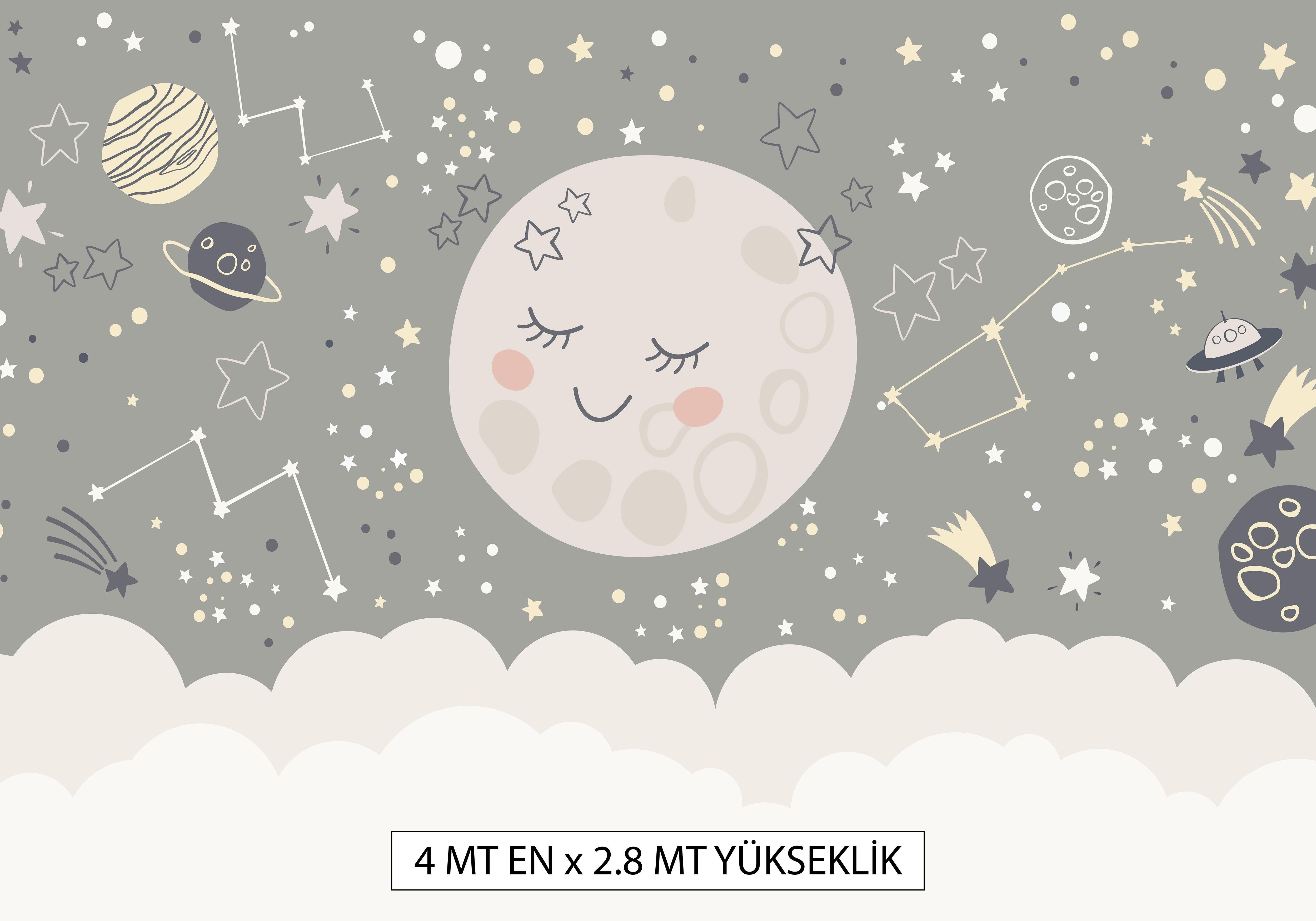 Gezegenler ve Ay Çocuk Odası Tek Parça Duvar Tekstili 